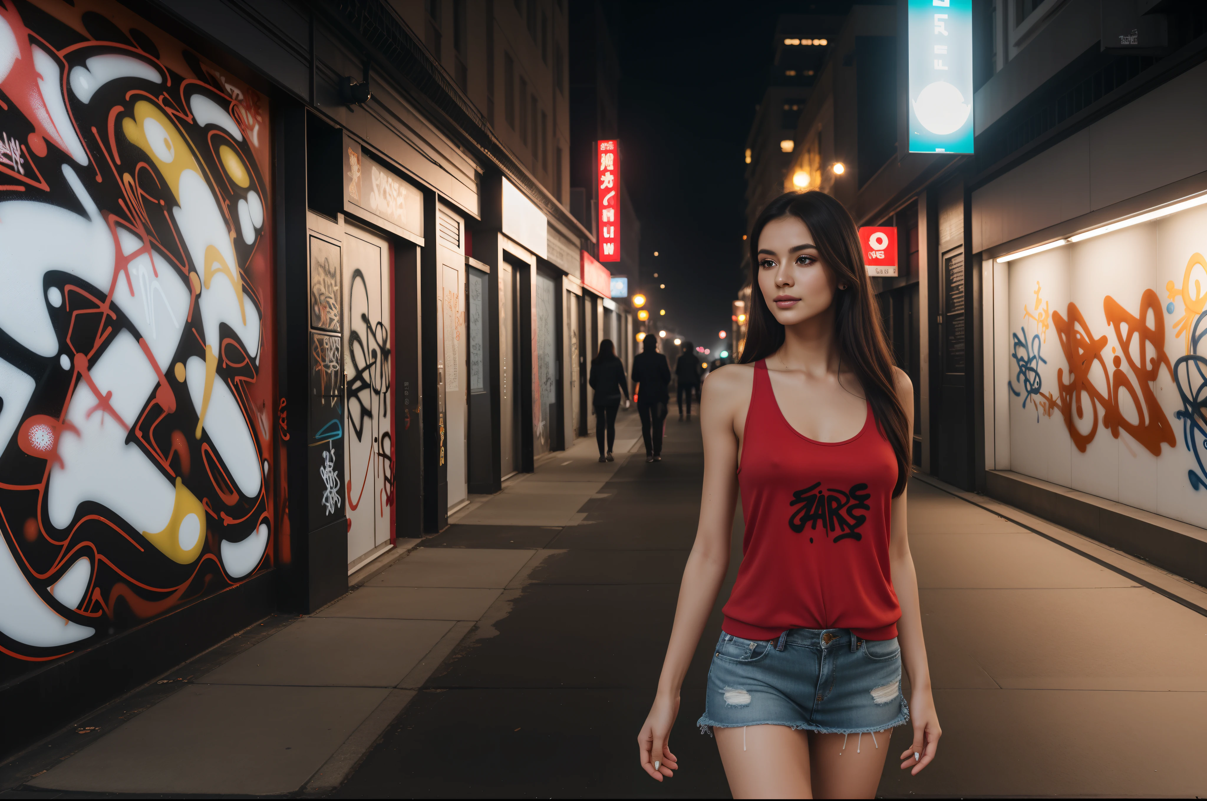 ((full-body, cinematic-shot)),(best quality,4k,8k,highres,masterpiece:1.2),ultra-detailed,(realistic,photorealistic,photo-realistic:1.37),(((1girl))),(((solo))),(((a girl alone:1.4))),(18years old),[the face is combination of (((irene1:1.2))) and (((Excella_er5:1.2)))],(sharp focus:1.5),beautiful detailed eyes,beautiful detailed lips,extremely detailed eyes and face,long eyelashes,gorgeous girl,feminine charm,pearl skin,(skin pores:1.1),extremely detailed face and skin texture,(skin texture:1.1),black hair,soft and smooth hair,tall and slender body,(192cm tall),thin and delicate figure,graceful posture,strong and defined muscles,flawless skin,defined abs,perfect curves,feminine appearance,beautiful long legs,embodying elegance and beauty,happy expression,full-smile,cleavage breasts,((wearing a ((red)) tank-top:1.3)),(no panty),(ultra-short miniskirt),(ripped jeans miniskirt),vibrant colors,extremely detailed and realistic ((red)) clothes,(colorful),(film grain:1.3),night in the city,shimmering lights,city skyline silhouette,dramatic shadows,atmospheric fog,reflective surfaces,mysterious alleyway,beautifully lit windows,neon signs,portrait photography,soulful expressions,colorful bokeh,city noise,romantic ambience,texture of skin,sheen of hair,detailed facial features,fashionable clothing,faint moonlight,subtle makeup,bare skin,natural beauty,impeccable grooming,modern cityscape,urban landscape,(graffiti art:1.4),warm color palette,dynamic composition,nighttime serenity,metropolitan hustle and bustle,emotional connections,depth of character,soft shadows,nighttime tranquility,VIP access,exclusive location,stylish architecture,haunting beauty,emerging stars,street fashion,high-end luxury,nighttime rendezvous,brand endorsements,award-winning photography,vogue-worthy images