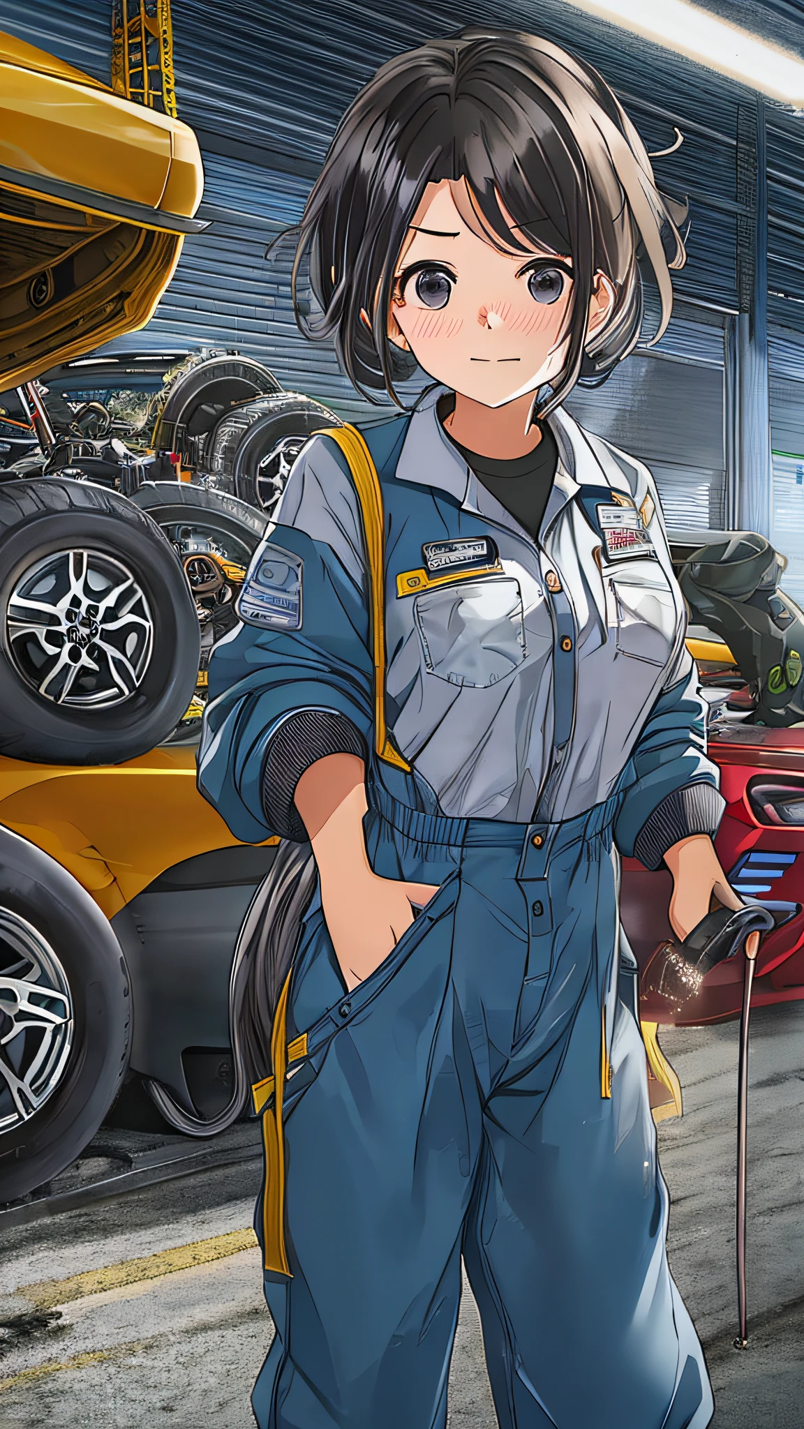 20-year-old woman working in a car repair shop、Coveralls、sports car on the background