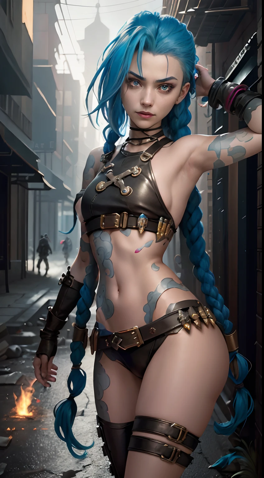 ((Best quality)), ((masterpiece)), (highly detailed:1.3), 3D, arcane style,In the dark and gritty dystopian city Piltover, plagued by ???????? and divided into two opposing factions, a young prodigy named Jinx emerges. Having endured unimaginable loss and abandonment, she has embraced a life of chaos and destruction. Known for her inventive and explosive abilities, Jinx becomes an icon of rebellion against the oppressive forces controlling the city. However, haunted by guilt and battling inner demons, she must confront her past and decide whether to continue down the path of anarchy or seek redemption amidst the turmoil. Explore the journey of Jinx as she navigates a treacherous world, fighting for survival, unraveling secrets, and discovering the true meaning of her twisted existencechaos reigns supreme, and at the heart of it all is Jinx, the embodiment of unpredictability. Delve deep into the twisted mind of Jinx, exploring the origins of her madness and the driving force behind her destructive nature. Unveil the moments that shaped her into the deranged and iconic character we know. Take us on a wild journey through the vibrant streets of Piltover and the grim underbelly of Zaun as Jinx wreaks havoc with her explosive arsenal. Can redemption ever find its way into Jinx's fractured soul? Or will she forever dance on the edge of sanity, embracing the chaos that fuels her very existence? The fate of Arcane hangs in the balance as Jinx's path intertwines with unlikely allies and formidable foes. Ignite your imagination and paint a vivid portrait of Jinx's twisted psyche, capturing the essence of her madness and the untamed spirit that defines her,HDR (High Dynamic Range),Ray Tracing,NVIDIA RTX,Super-Resolution,Unreal 5,Subsurface scattering,PBR Texturing,Post-processing,Anisotropic Filtering,Depth-of-field,Maximum clarity and sharpness,Multi-layered textures,Albedo and Specular maps,Surface shading,Accurate simulation of light-material interaction,Perfect proportion