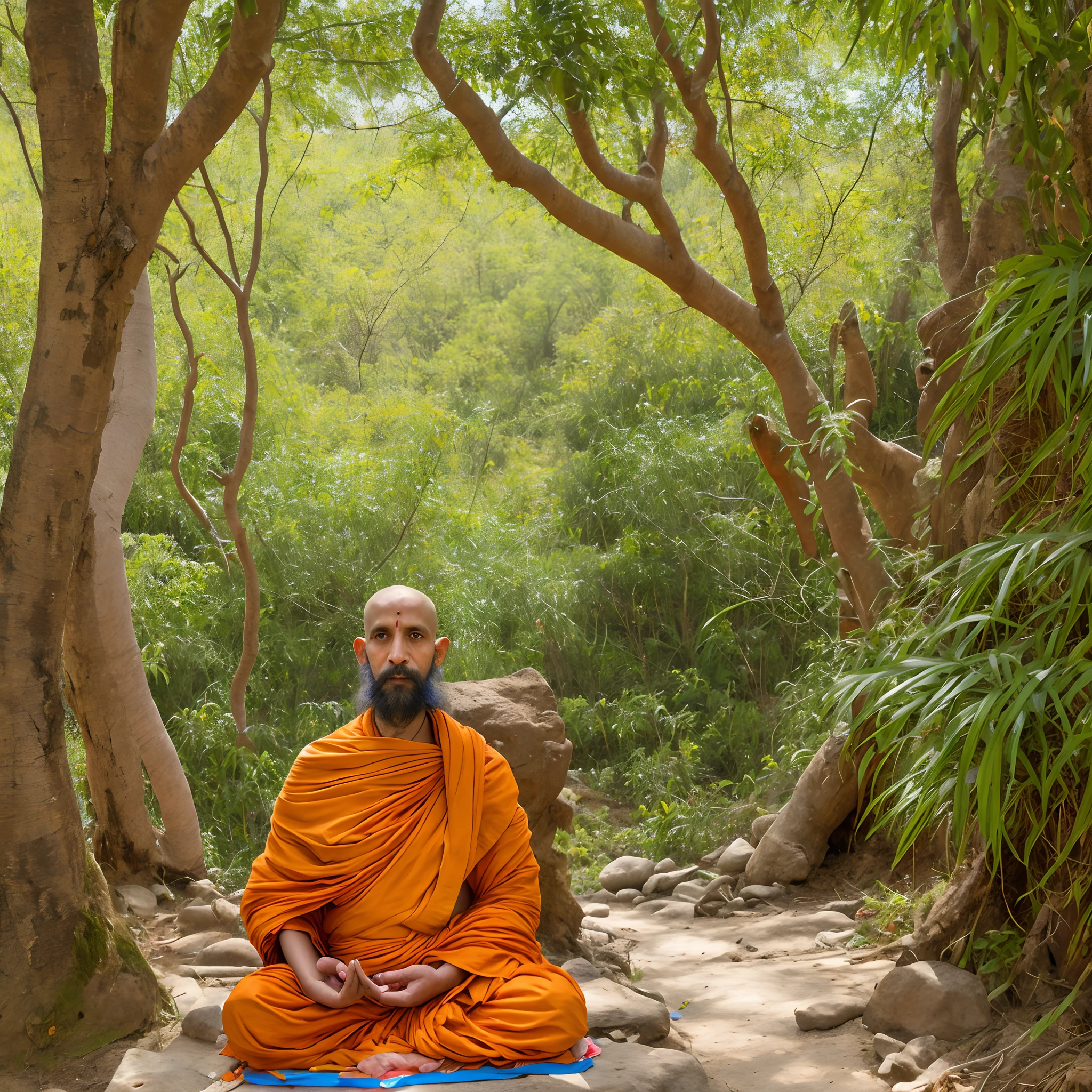 painting of a hindu monk (sadhu) sitting in a meditation position in a forest, sadhu, on path to enlightenment, hinduism, on the path to enlightenment, monk meditate, hindu monk meditating, the bhagawat geeta, hindu stages of meditation, bhagwat gita, by Shen Che-Tsai, enlightenment, spiritual enlightenment, hindu art, beautiful depiction, hindu monk, meditation