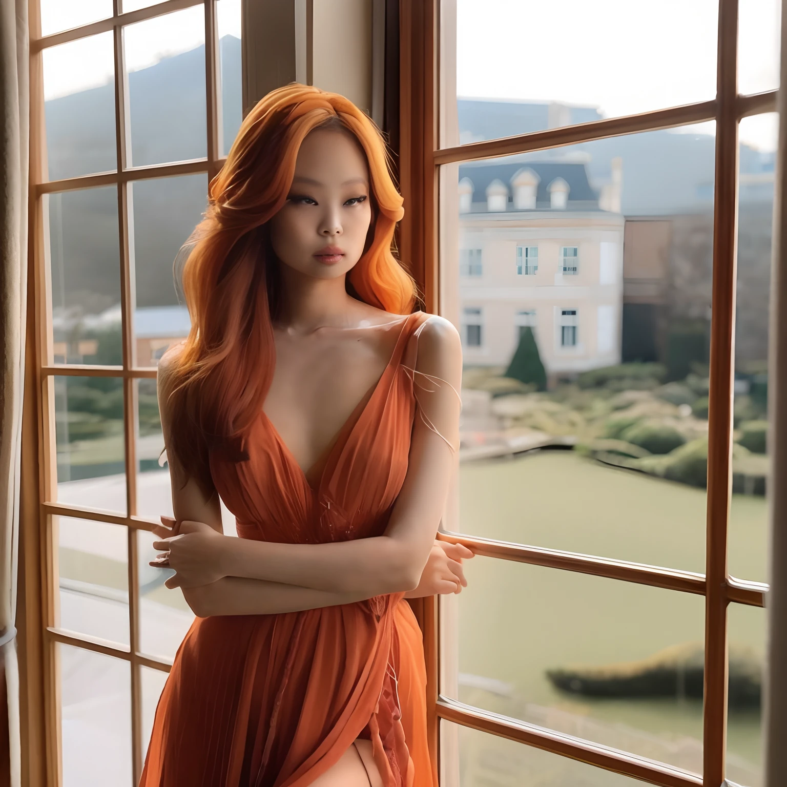 Arafed woman in an orange dress standing by a window, ela tem cabelos longos e redorange, flowing ginger hair, pele laranja e cabelo ardente longo, pose elegante e deslumbrante, Deusa dos cabelos ruivos, longos cabelos ondulados laranja, Mulher sul-coreana bonita, gengibre cabelo ondulado, orange flowing hair, long flowing red hair, cabelo laranja longo, ethereal beauty, usando um vestido elegante