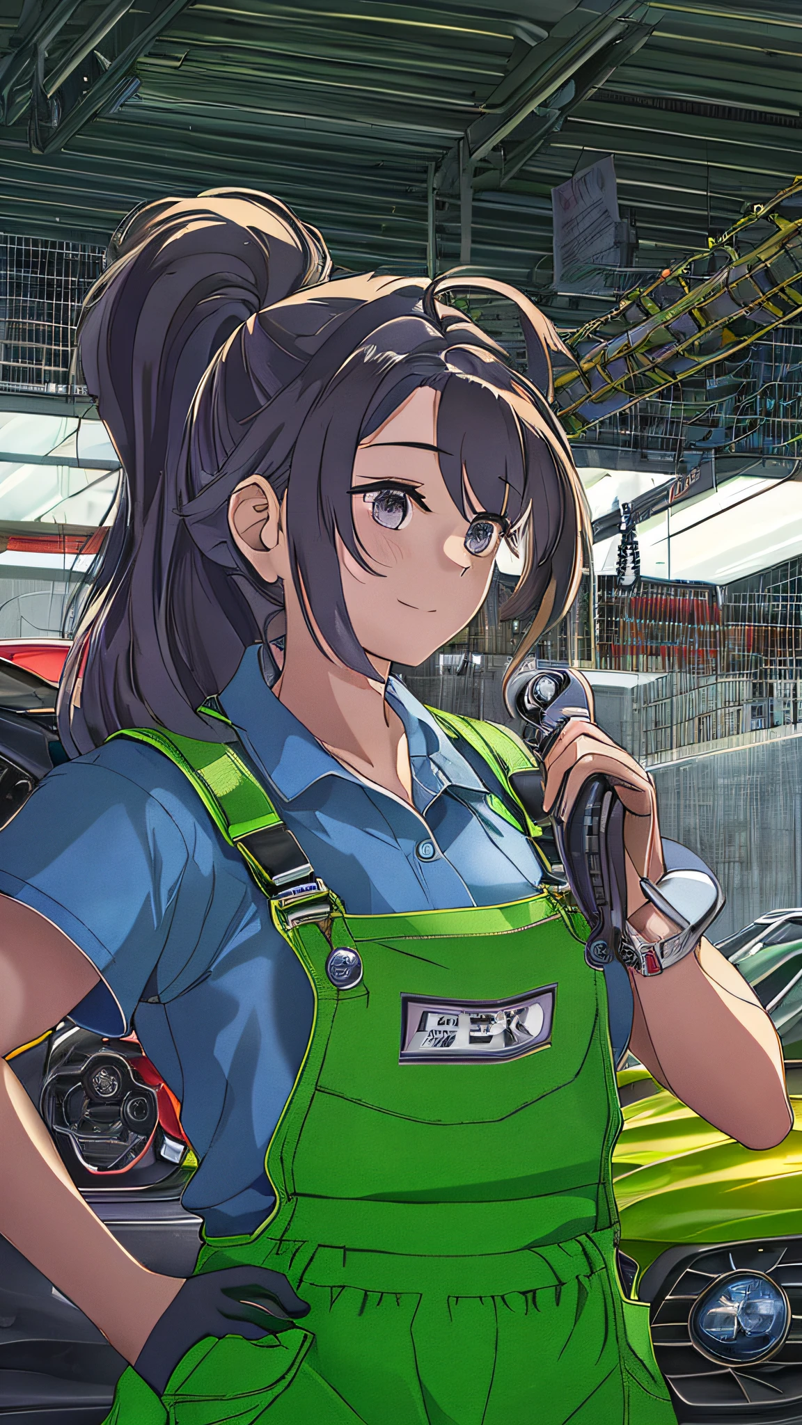 20-year-old woman working in a car repair shop、Looks fun、Coveralls、sports car on the background、Backlight illumination