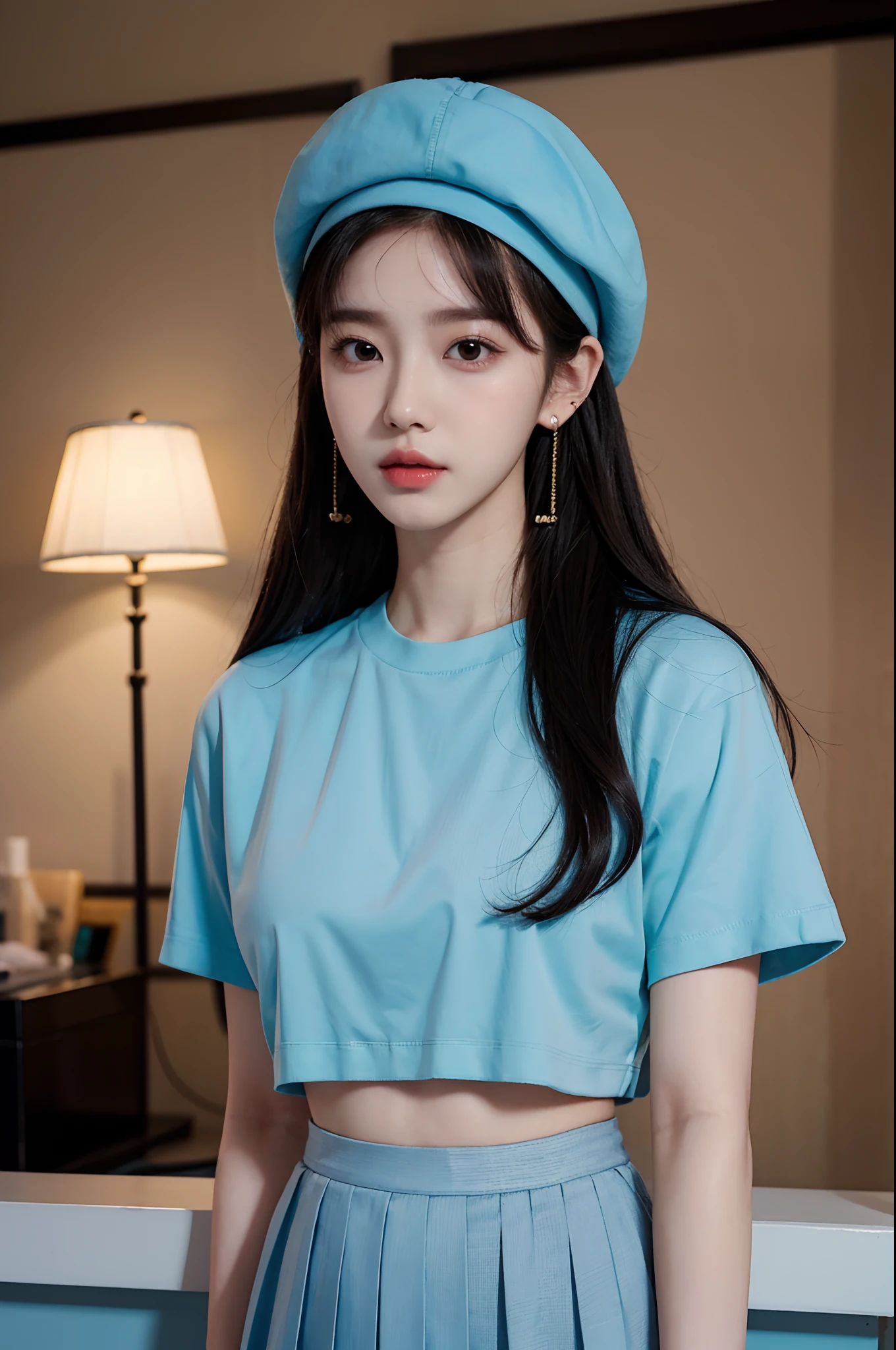 1girl, korean kpop idol and model ,23 years old,soft body, fair skin,close-up, 8k, RAW photo, best quality, masterpiece,realistic, photo-realistic,cute, crop tshirt,pleated skirt, earrings, artistic beret hat, High image quality, full body