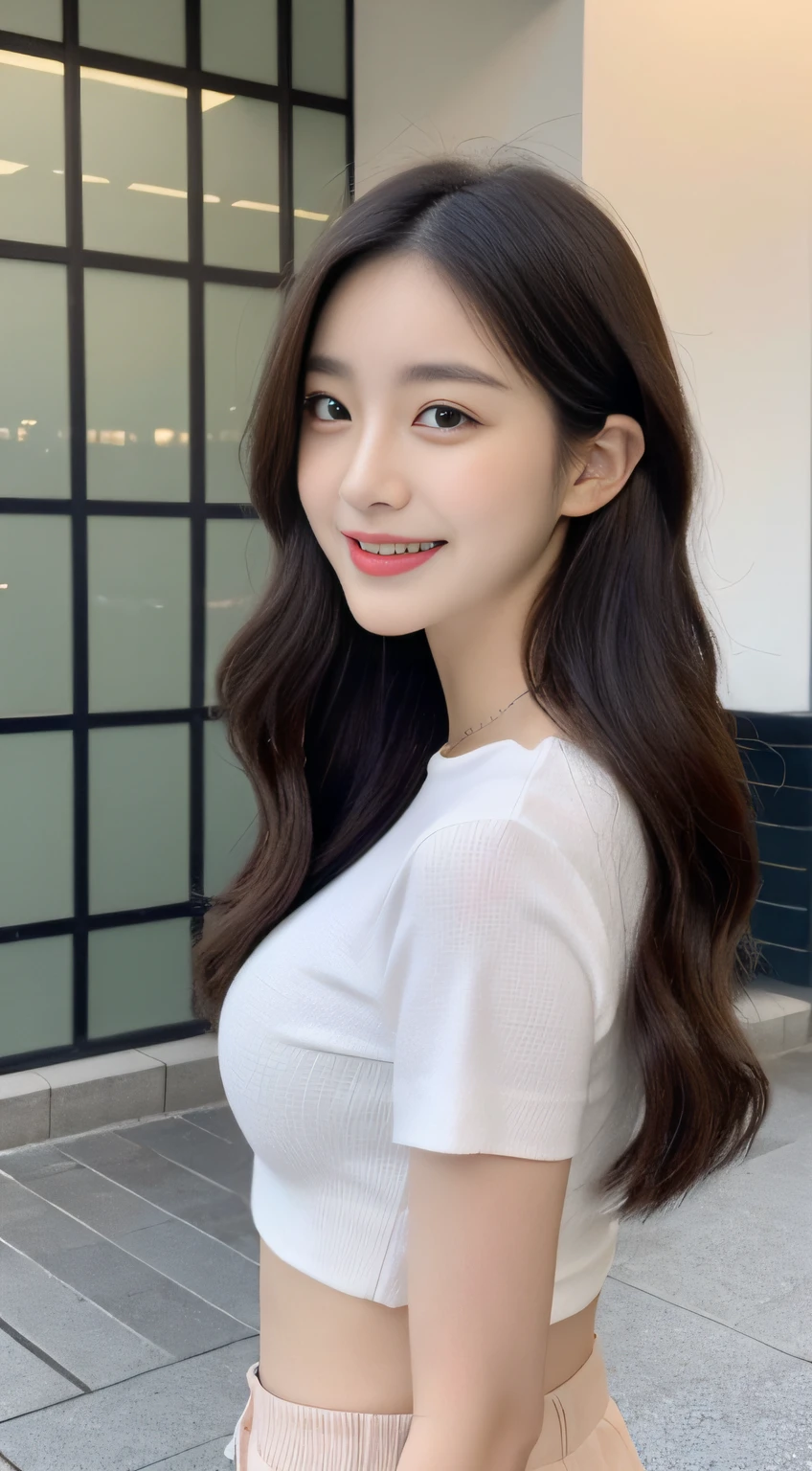 ((Top Quality, 8K, masterpiece: 1.3)), 1woman, 20yo, Korean female idols: 1.5, Slender abs beauty: 1.3, (Hairstyle casual, large full breasts: 1.1), S-line body, Perfect Body:1.3, Full Makeup: 1.1, casual:1.3, Ultra-fine face, A detailed eye, Double eyelidd, Sorrisos, Location Random: 1:2, dimple, Shoes Random:1.3, selfie:1.3, Profile:1.3