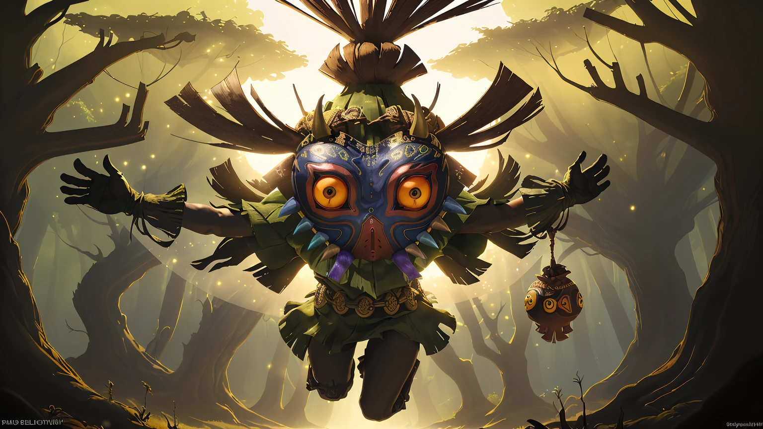 Inspired by "Tears of the Kingdom," the Skull Kid, shrouded in a captivating blend of playfulness and mystery, delves deeper into the lush Kokiri Forest, as the sunlight casts intriguing shadows and vibrant hues, revealing hidden secrets and fantastical creatures within its sacred confines. BREAK, 1girl, Skull kid, mask, solo, (realistic:0.5), masterpiece, solo, (best quality, perfect detailed, beautifully detailed face, detailed eyes), glistening shiny, ray tracing, DOF, HDR, shiny hair, (soft particles floating:1.1), (full body:1.1), ((8k wallpaper)), ((highres)), (day:1.3), sky, outdoors, outstretched arms, feminine focus, gloves, cyberpunk, (Kokiri Forest City:1.2)