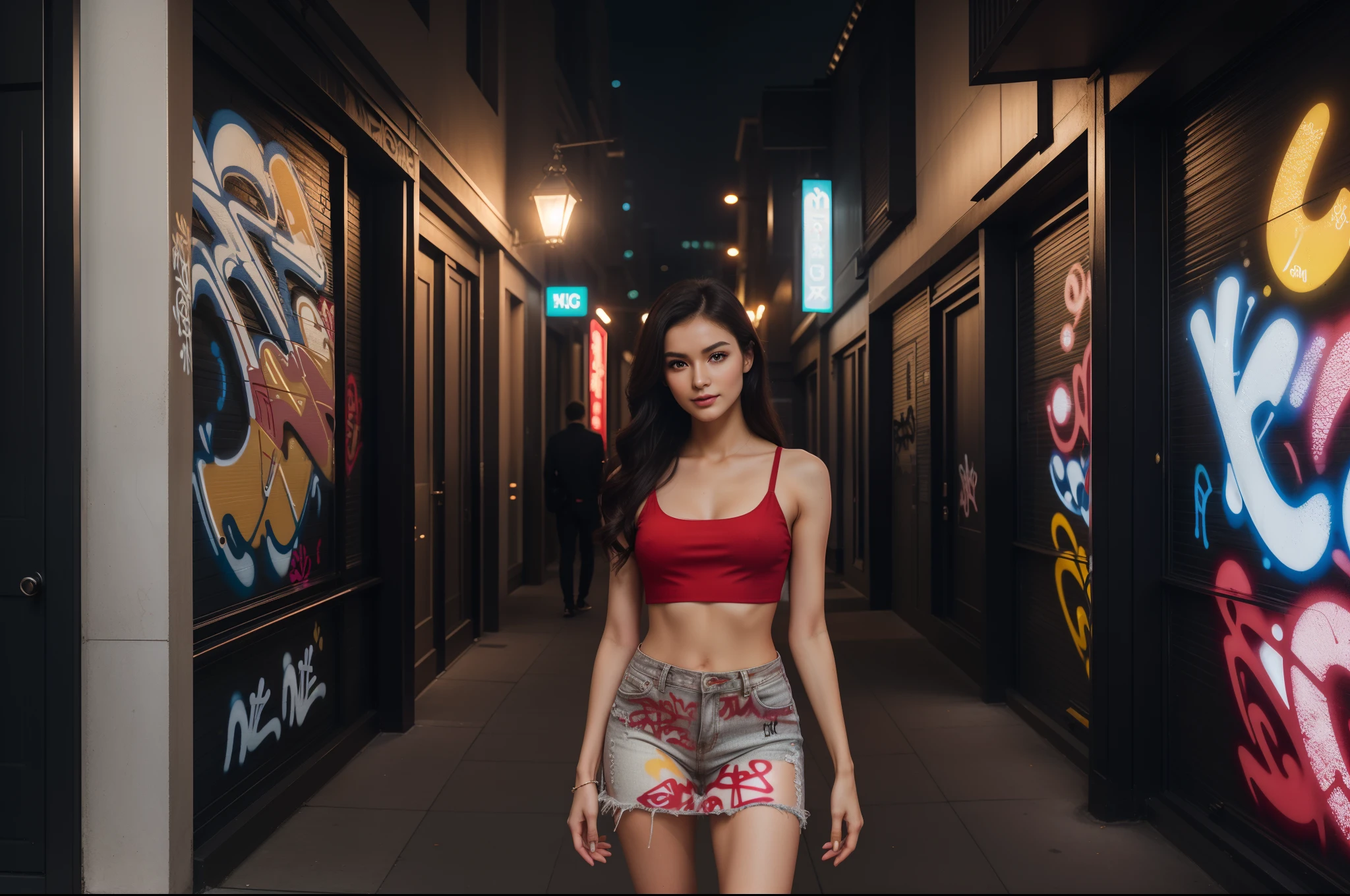 ((full-body, cinematic-shot)),(best quality,4k,8k,highres,masterpiece:1.2),ultra-detailed,(realistic,photorealistic,photo-realistic:1.37),(((1girl))),(((solo))),(((a girl alone:1.4))),(18years old),[the face is combination of (((irene1:1.2))) and (((Excella_er5:1.2)))],(sharp focus:1.5),beautiful detailed eyes,beautiful detailed lips,extremely detailed eyes and face,long eyelashes,gorgeous girl,feminine charm,pearl skin,(skin pores:1.1),extremely detailed face and skin texture,(skin texture:1.1),black hair,soft and smooth hair,tall and slender body,(192cm tall),thin and delicate figure,graceful posture,strong and defined muscles,flawless skin,defined abs,perfect curves,feminine appearance,beautiful long legs,embodying elegance and beauty,happy expression,full-smile,cleavage breasts,((wearing a ((red)) crop-top:1.3)),(no panty),(ultra-short miniskirt),(ripped jeans miniskirt),vibrant colors,extremely detailed and realistic ((red)) clothes,(colorful),(film grain:1.3),night in the city,shimmering lights,city skyline silhouette,dramatic shadows,atmospheric fog,reflective surfaces,mysterious alleyway,beautifully lit windows,neon signs,portrait photography,soulful expressions,colorful bokeh,city noise,romantic ambience,texture of skin,sheen of hair,detailed facial features,fashionable clothing,faint moonlight,subtle makeup,bare skin,natural beauty,impeccable grooming,modern cityscape,urban landscape,(graffiti art:1.4),warm color palette,dynamic composition,nighttime serenity,metropolitan hustle and bustle,emotional connections,depth of character,soft shadows,nighttime tranquility,VIP access,exclusive location,stylish architecture,haunting beauty,emerging stars,street fashion,high-end luxury,nighttime rendezvous,brand endorsements,award-winning photography,vogue-worthy images