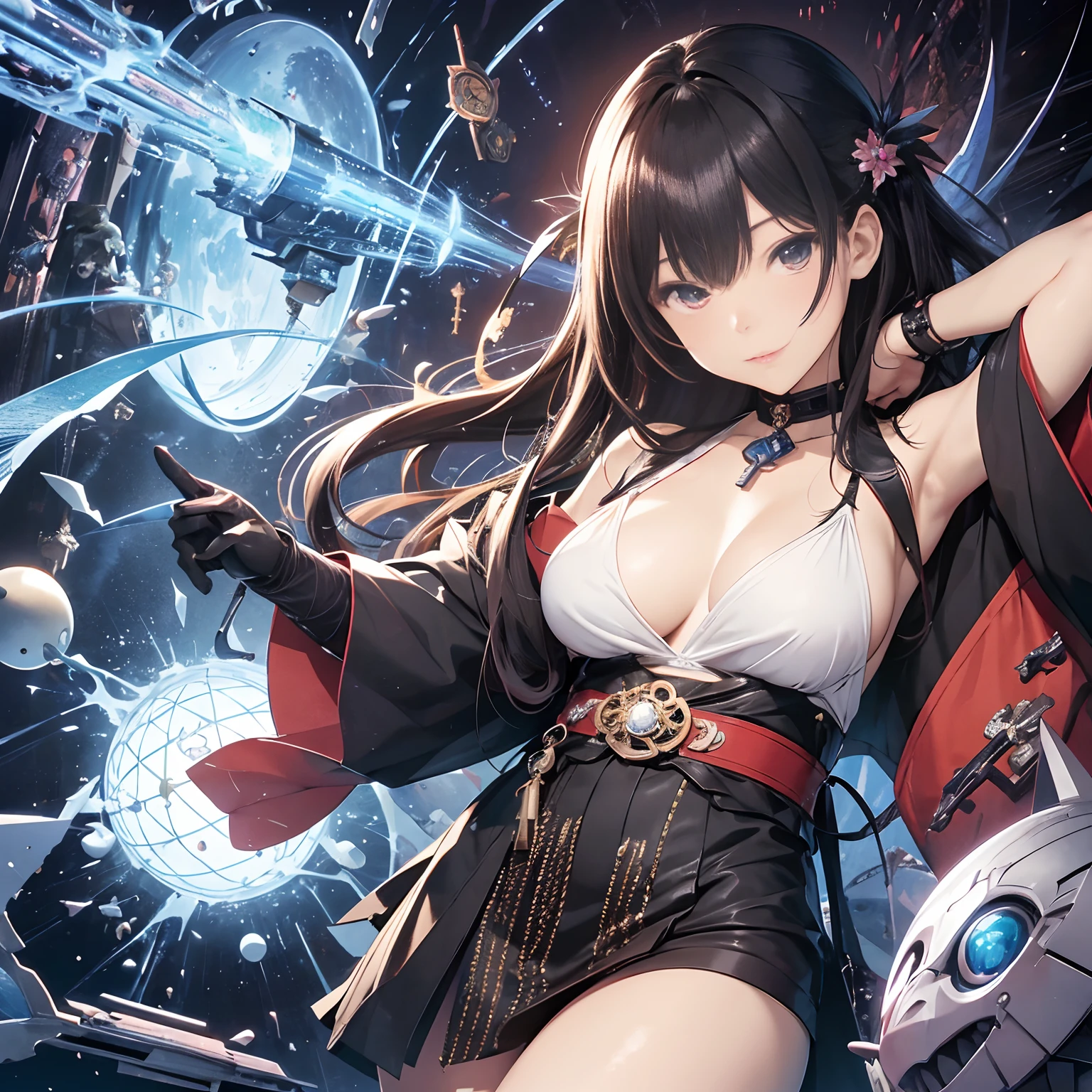 Ryōji Arai, Shigeru Komatsuzaki, Surreal, mysterious, bizarre, fantastic, fantasy, Sci-fi, Japanese anime, morphology of the key, a key that serves two functions, the gatekeeper is a beautiful girl in a miniskirt, perfect voluminous body, non-existent creatures on paper, detailed masterpiece