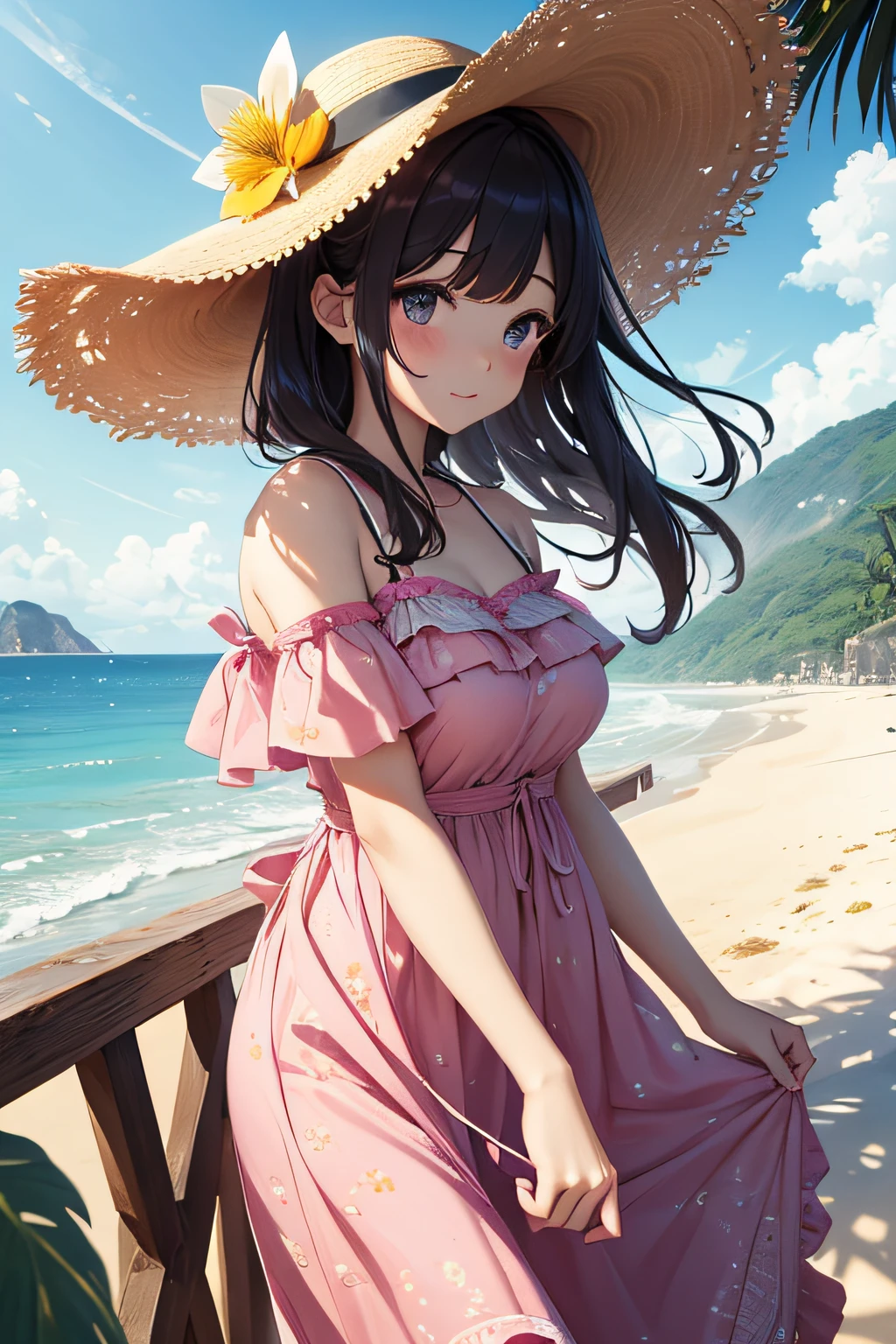 ​masterpiece、Massive landscape（（Mysterious Sea、sand beach））、a beauty girl、huge tit、Embroidery on a long pink dress、Straw hat with yellow flower ornament