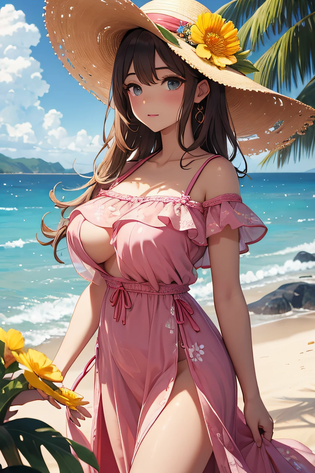 masterpiece、Massive landscape((Mysterious Sea、sand beach))、a beauty girl、huge tit、Embroidery on a long pink dress、Straw hat with yellow flower ornament