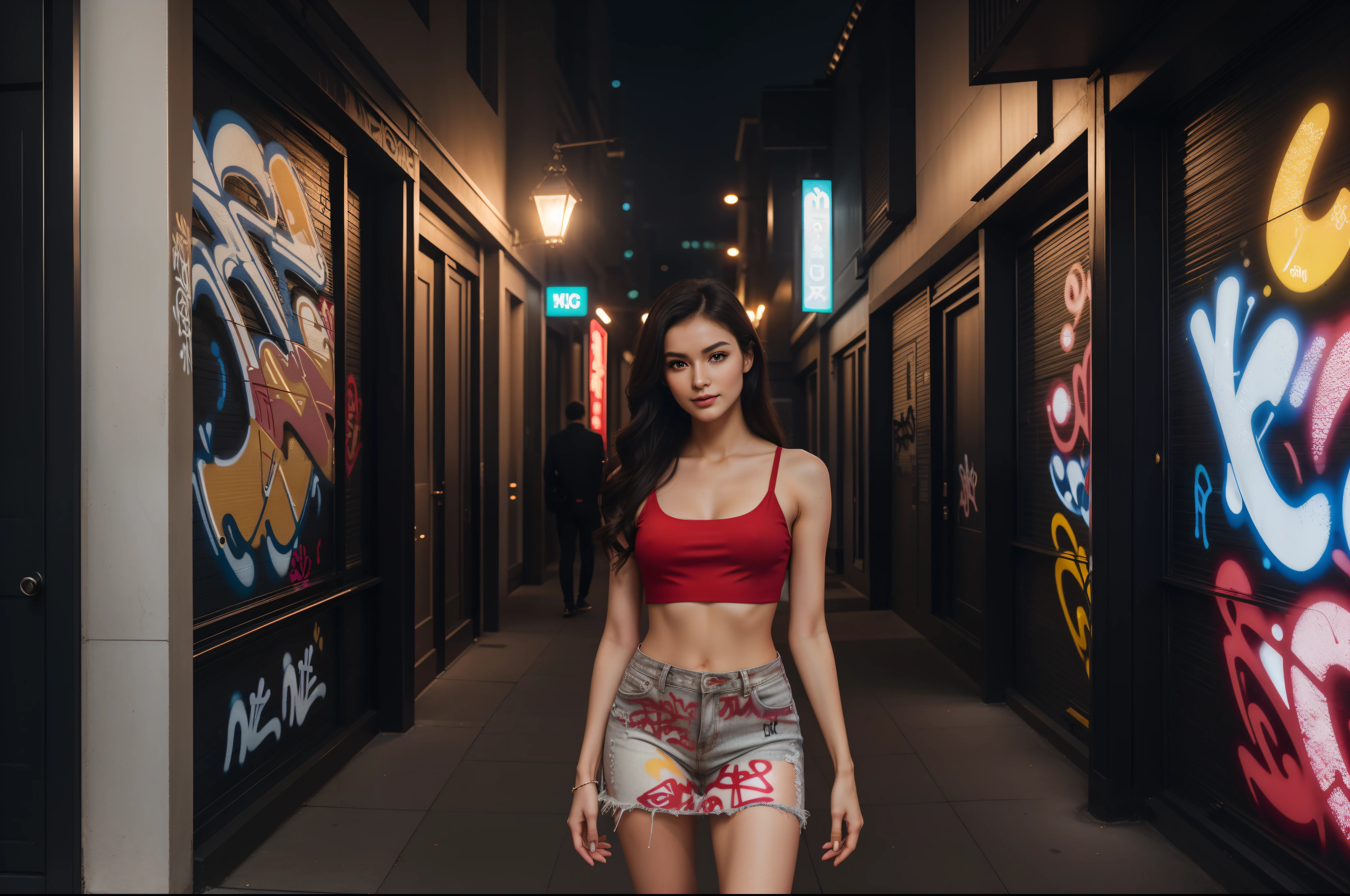 ((full-body, cinematic-shot)),(best quality,4k,8k,highres,masterpiece:1.2),ultra-detailed,(realistic,photorealistic,photo-realistic:1.37),(((1girl))),(((solo))),(((a girl alone:1.4))),(18years old),[the face is combination of (((irene1:1.2))) and (((Excella_er5:1.2)))],(sharp focus:1.5),beautiful detailed eyes,beautiful detailed lips,extremely detailed eyes and face,long eyelashes,gorgeous girl,feminine charm,pearl skin,(skin pores:1.1),extremely detailed face and skin texture,(skin texture:1.1),black hair,soft and smooth hair,tall and slender body,(192cm tall),thin and delicate figure,graceful posture,strong and defined muscles,flawless skin,defined abs,perfect curves,feminine appearance,beautiful long legs,embodying elegance and beauty,happy expression,full-smile,cleavage breasts,((wearing a ((red)) crop-top:1.3)),(no panty),(ultra-short miniskirt),(ripped jeans miniskirt),vibrant colors,extremely detailed and realistic ((red)) clothes,(colorful),(film grain:1.3),night in the city,shimmering lights,city skyline silhouette,dramatic shadows,atmospheric fog,reflective surfaces,mysterious alleyway,beautifully lit windows,neon signs,portrait photography,soulful expressions,colorful bokeh,city noise,romantic ambience,texture of skin,sheen of hair,detailed facial features,fashionable clothing,faint moonlight,subtle makeup,bare skin,natural beauty,impeccable grooming,modern cityscape,urban landscape,(graffiti art:1.4),warm color palette,dynamic composition,nighttime serenity,metropolitan hustle and bustle,emotional connections,depth of character,soft shadows,nighttime tranquility,VIP access,exclusive location,stylish architecture,haunting beauty,emerging stars,street fashion,high-end luxury,nighttime rendezvous,brand endorsements,award-winning photography,vogue-worthy images