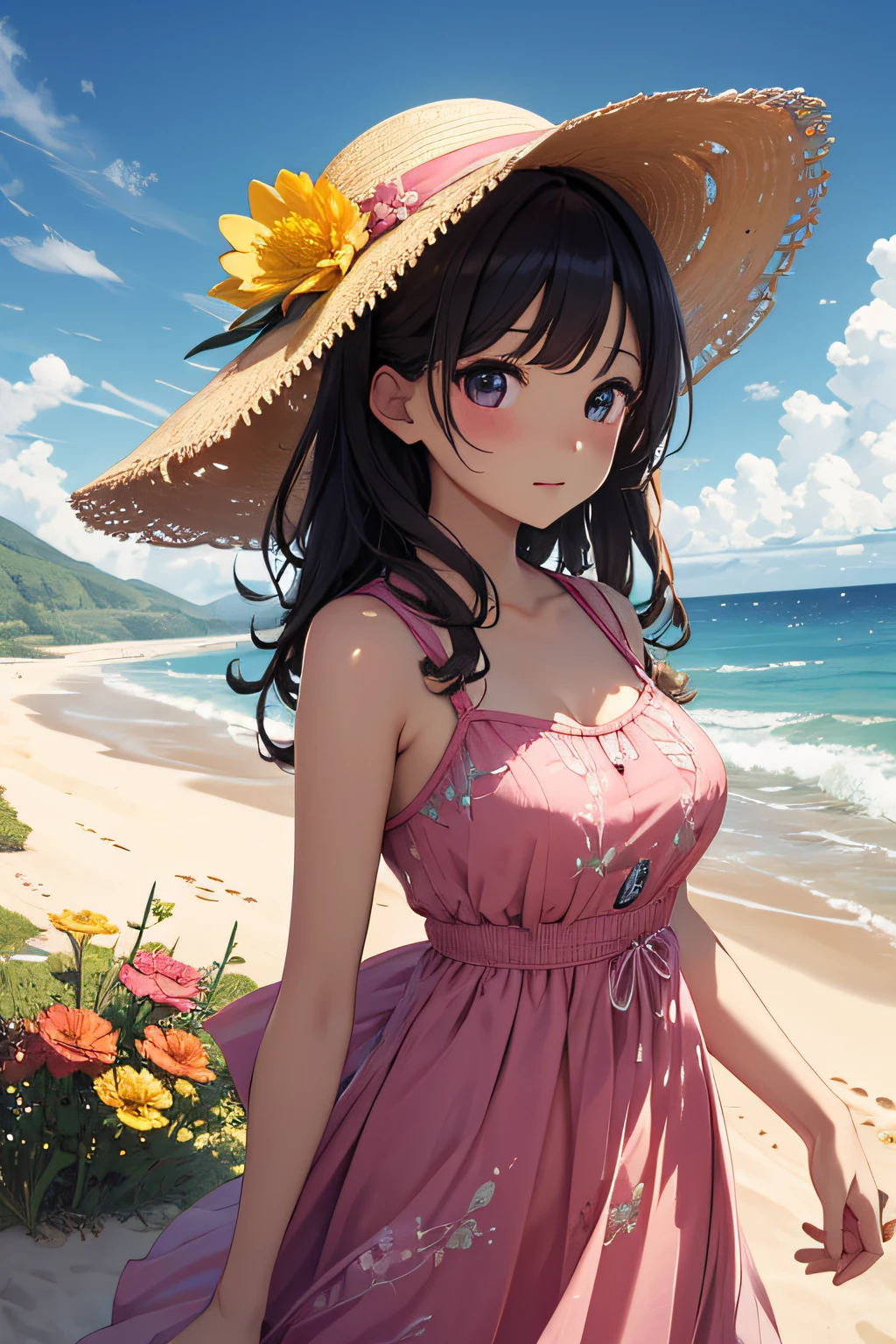 ​masterpiece、Massive landscape（（Mysterious Sea、sand beach））、a beauty girl、huge tit、Embroidery on a long pink dress、Straw hat with yellow flower ornament