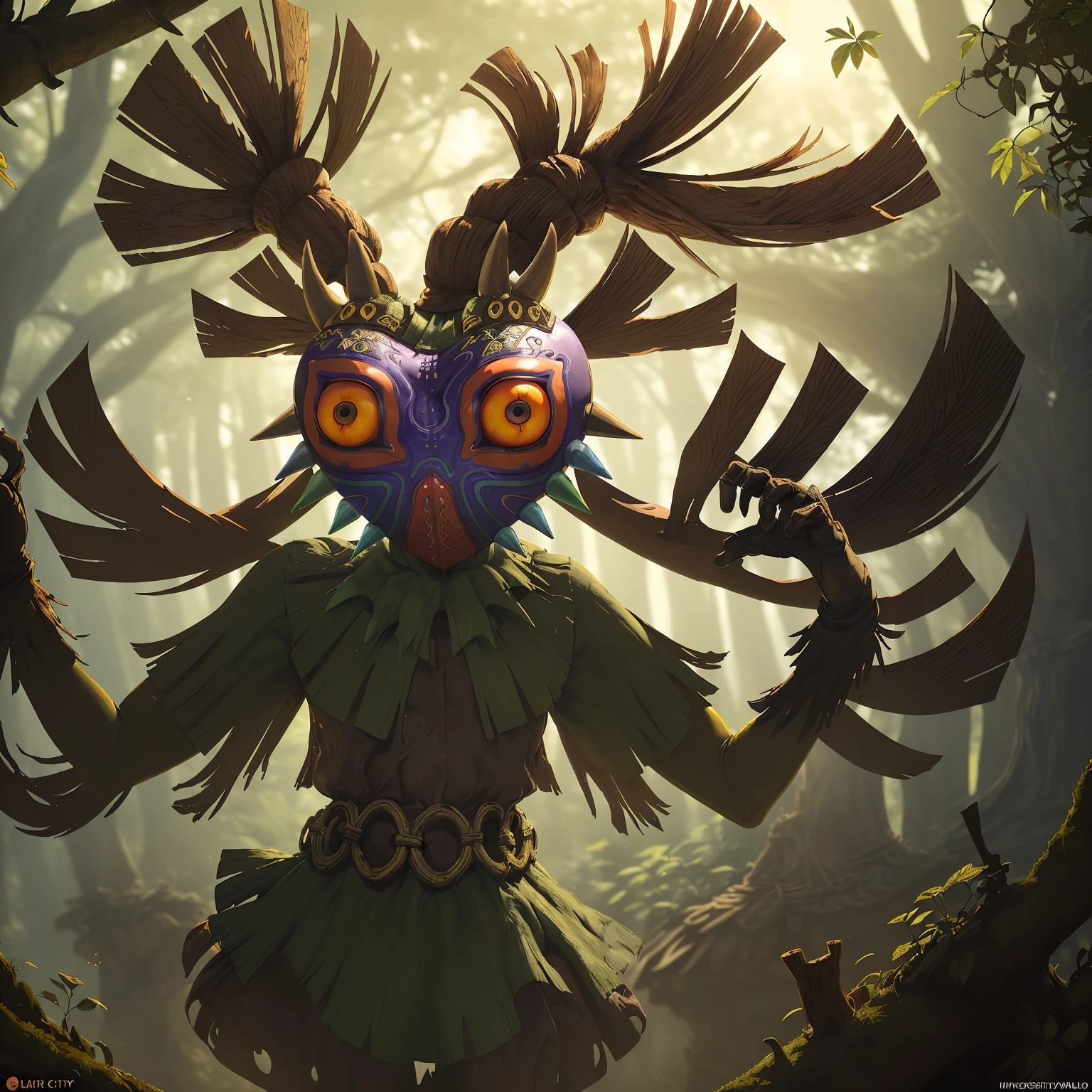 Inspired by "Tears of the Kingdom," the Skull Kid, shrouded in a captivating blend of playfulness and mystery, delves deeper into the lush Kokiri Forest, as the sunlight casts intriguing shadows and vibrant hues, revealing hidden secrets and fantastical creatures within its sacred confines. BREAK, 1girl, Skull kid, mask, solo, (realistic:0.5), masterpiece, solo, (best quality, perfect detailed, beautifully detailed face, detailed eyes), glistening shiny, ray tracing, DOF, HDR, shiny hair, (soft particles floating:1.1), (full body:1.1), ((8k wallpaper)), ((highres)), (day:1.3), sky, outdoors, outstretched arms, feminine focus, gloves, cyberpunk, (Kokiri Forest City:1.2)