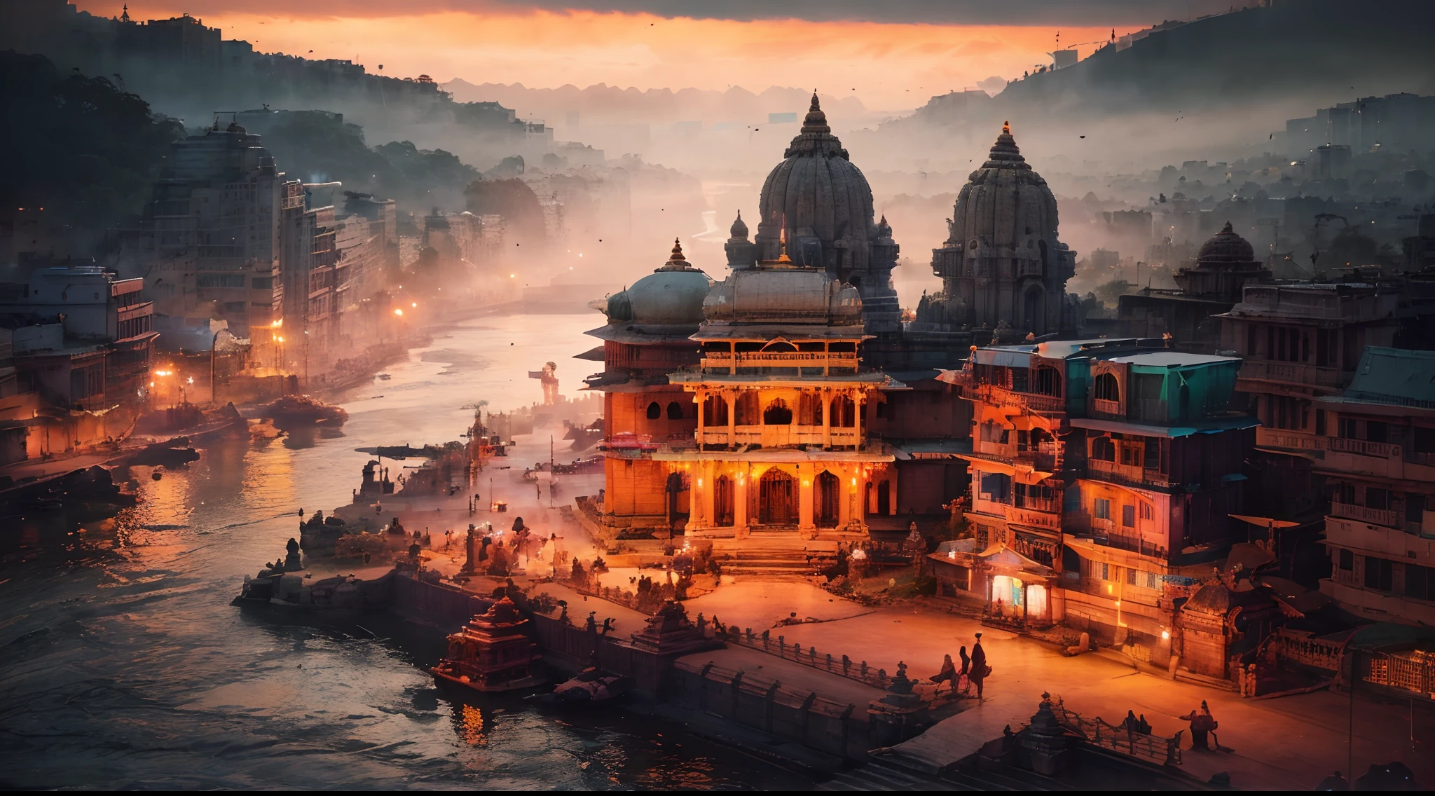 view of a city with a river and a few buildings, indian temple, hindu aesthetic, glowing temple in the distance, india, unsplash contest winning photo, beautiful place, by Beeple, andreas rocha style, pexels contest winner, artem demura beeple, beeple. hyperrealism, beeple |
