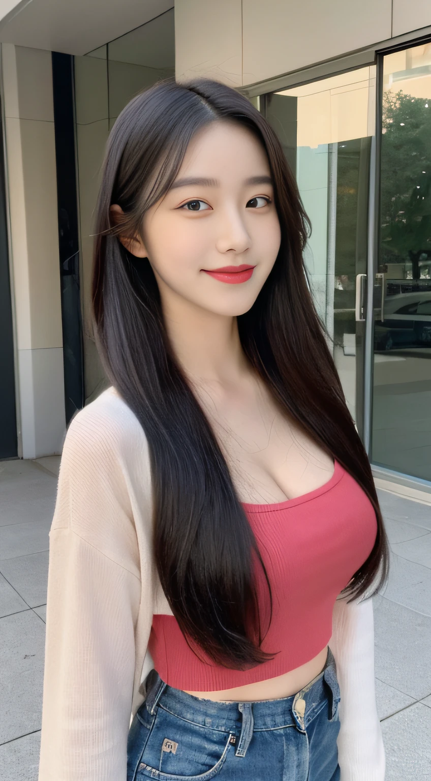 ((Top  Quality, 8K, ​masterpiece: 1.3)), 1woman, 20yo, Korean female idols: 1.5, Slender abs beauty: 1.3, (Hairstyle casual, large full breasts: 1.1), S-line body, Perfect Body:1.3, Full Makeup: 1.1, casual:1.3, Ultra-fine face, A detailed eye, Double eyelidd, Sorrisos, Location Random: 1:2, dimple, Shoes Random:1.3, Profile:1.3