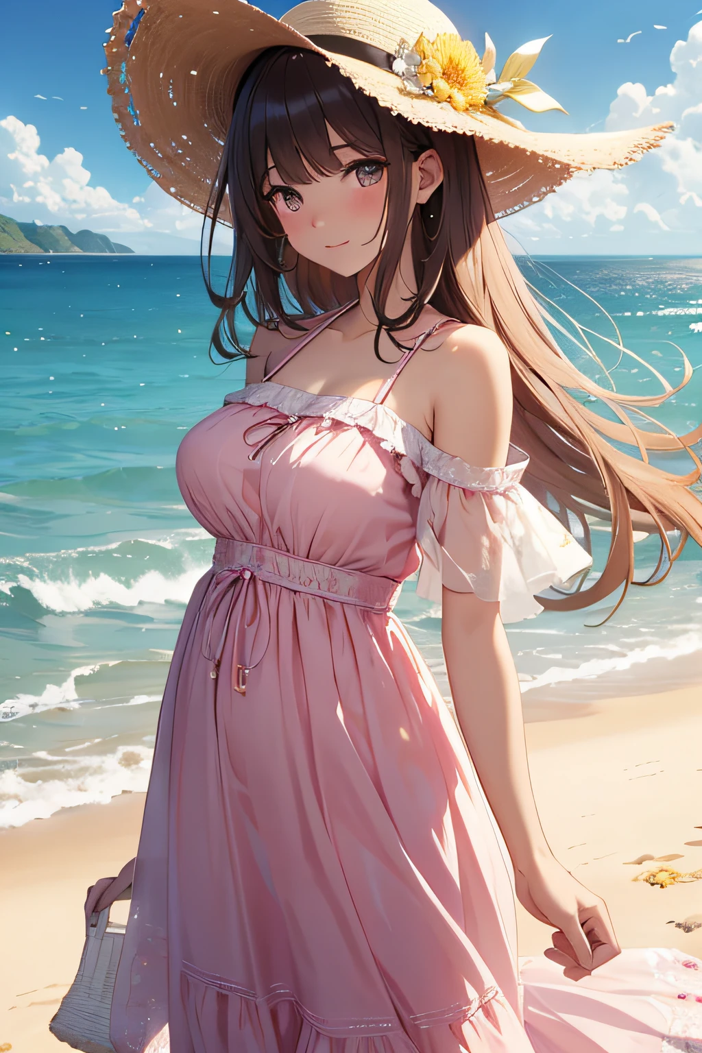 ​masterpiece、Massive landscape（（Mysterious Sea、sand beach））、20yr old、a beauty girl、huge tit、Embroidery on a long white and pink dress、a straw fedora hat