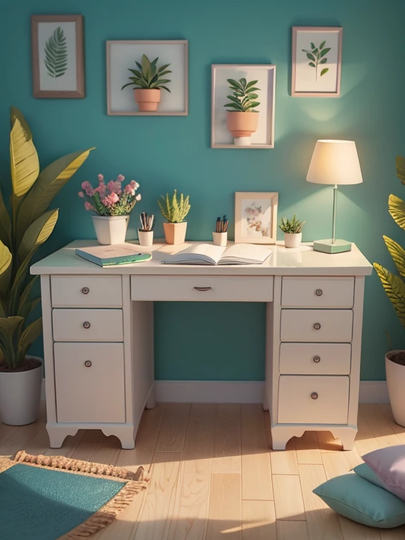 Desk illustration drawn in cartoon style. Add natural elements, As plants and flowers, And use a soft color palette to create a relaxing atmosphere.