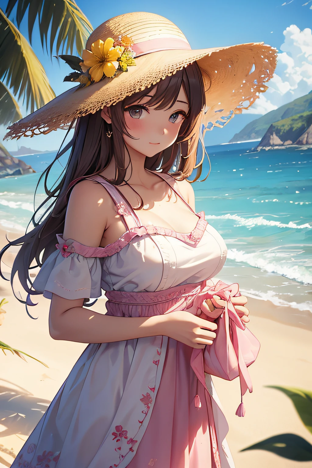 1 girl, Solo, Cute Girl,Best Quality, Ultra-detailed, 8K, High resolution, detailed face, madeon, horse ears, white camisole, short pants, denim pants, wearing a straw hat, walking on the beach, smile, gentle smile,