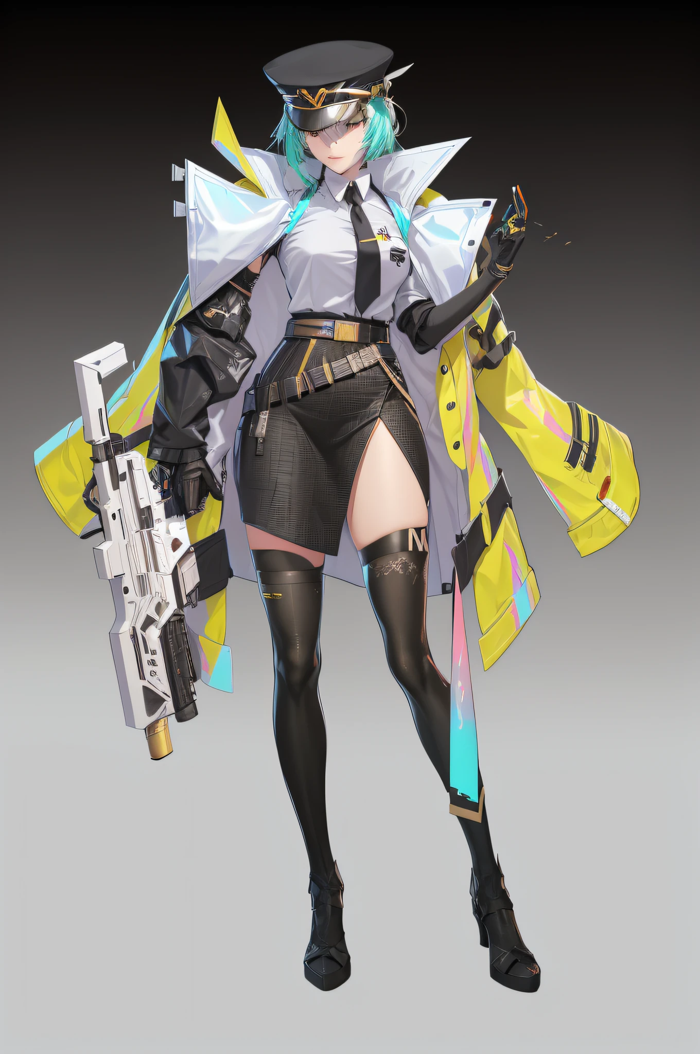 a close up of a person with a gun and a hat, m4 sopmod ii girls frontline, from girls frontline, ( ( concept art of character ) ), cyberpunk anime girl mech, official character art, hyper concept art, expert high detail concept art, Katana Zero video game character, Moon-themed costumes,machine arm