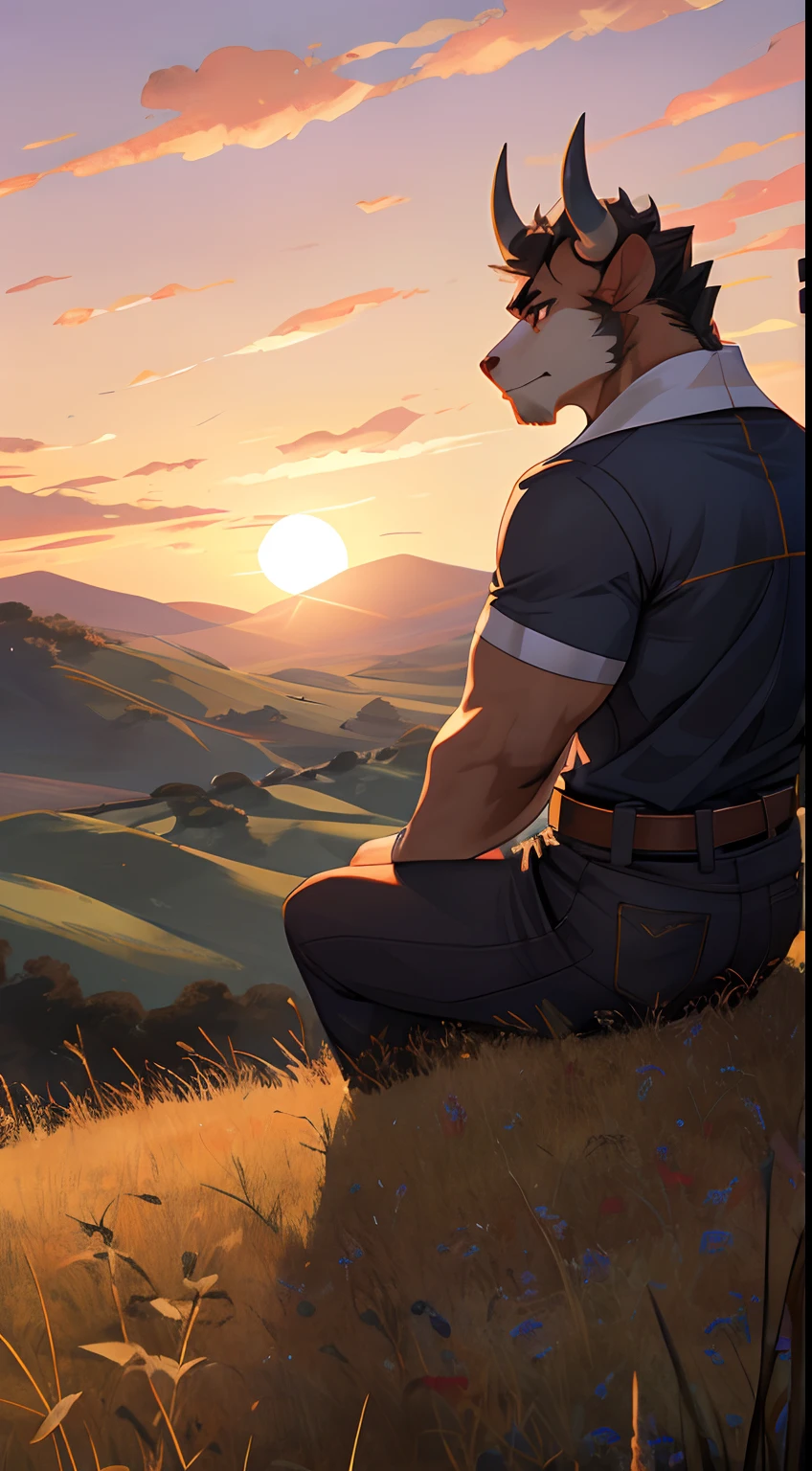 "Masterpiece, Cool Pose, Furry bulls, bull, Medium Fit Body, Casual Set, Fierce, Good looking, Smirking, Breeze wind, Comfortable, Looking To Back, Sitting In Grass, High Ground, Sunset, Hill Background"