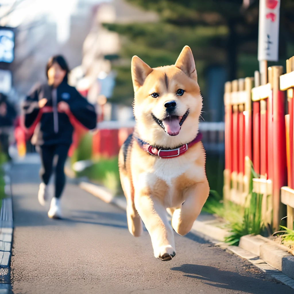 ​masterpiece、top-quality:1.2、((New Year in Japan))、A cute Shiba Inu puppy happily runs towards you、wide々Outdoors、the morning sun、Two women in sunny clothes can be seen in the background