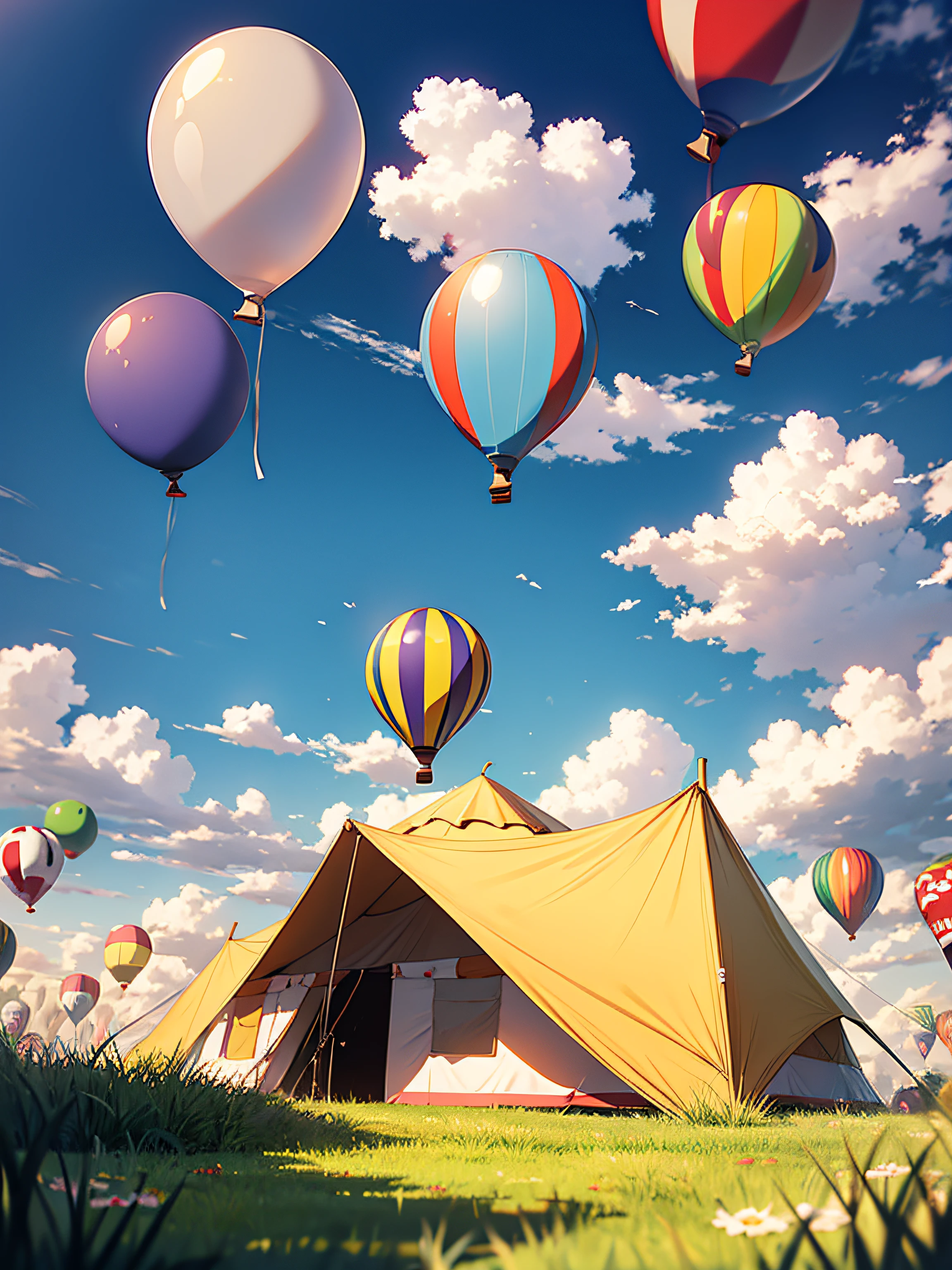 Simple background with cloud and grass, circus tent, balloon
