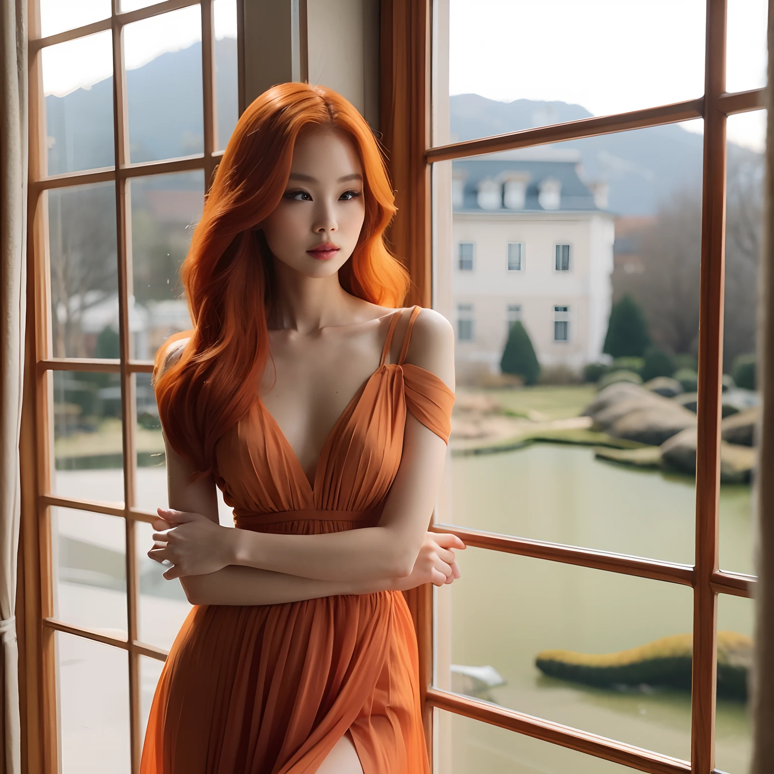 Arafed woman in an orange dress standing by a window, ela tem cabelos longos e redorange, flowing ginger hair, pele laranja e cabelo ardente longo, pose elegante e deslumbrante, Deusa dos cabelos ruivos, longos cabelos ondulados laranja, Mulher sul-coreana bonita, gengibre cabelo ondulado, orange flowing hair, long flowing red hair, cabelo laranja longo, ethereal beauty, usando um vestido elegante
