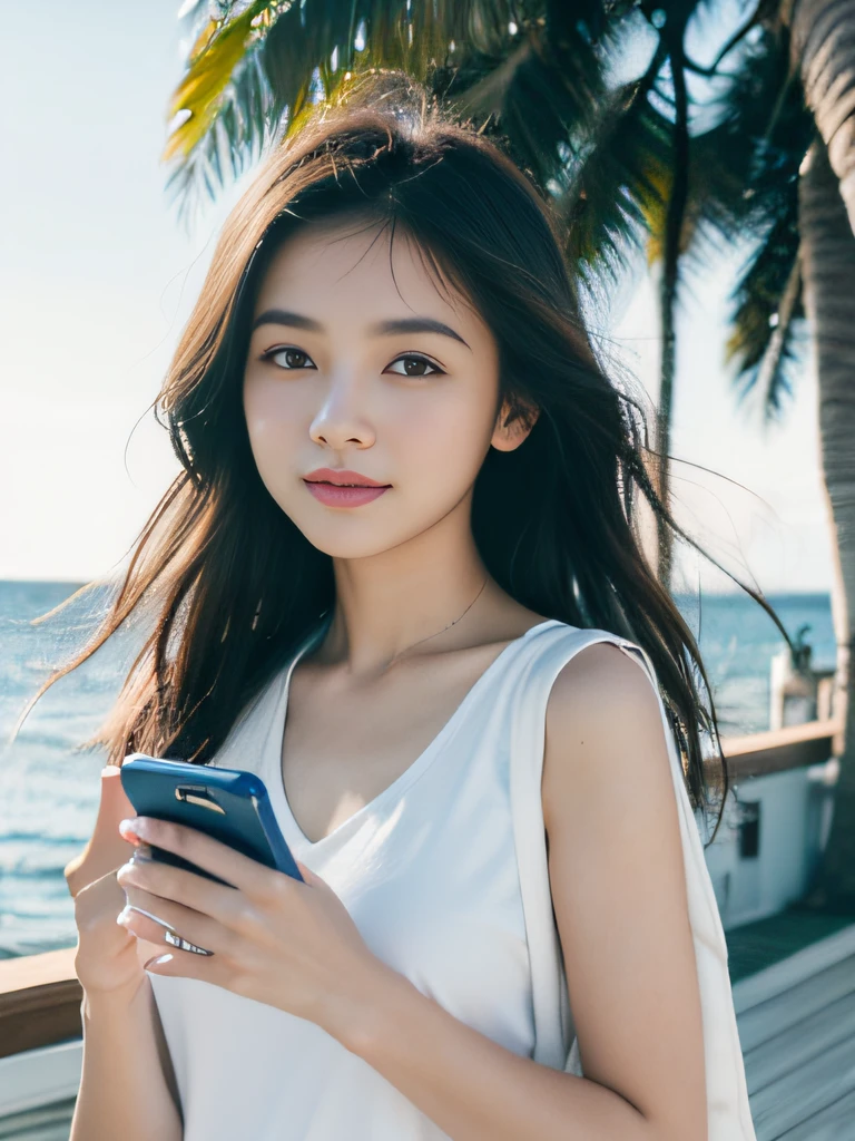Close-up of girl's face,Mobile phone characteristics,age girl with mobile phone in hand,Stand on the pier by the sea,There are sailboats at sea,rays of sunshine,Beach palm tree background