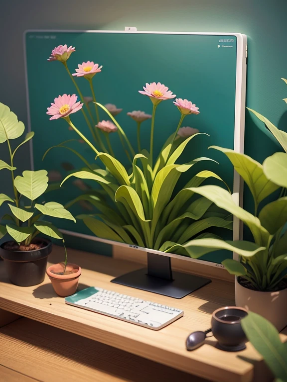 Best Picture Quality,Super clear,Desktop illustration drawn in cartoon style. Add natural elements, As plants and flowers, And use a soft color palette to create a relaxing atmosphere.