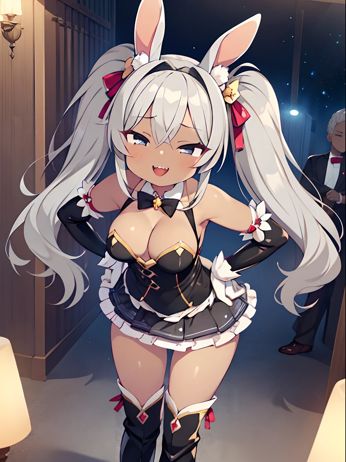 (Front Focus),(In the Dark:1.6), (Masterpiece, of the highest quality, best, Official art, Beautiful and aesthetic:1.2), game cg, Highly detailed and realistic CG, Colorful, Masterpiece, Best Quality, jewel-like eyes, 1girl, solo, (gray hair:1.5), shiny hair, very long straight hair, twintails, slender, skinny legs, magical girl, prity dress, party dress, black magical dress, layered mini skirt, panty shot, black pants, magical boots, zettairyouiki, black eyes, empty eyes, bursting breasts, sagging breasts, cleavage, black elbow gloves, latex, smirk, smile, jig eyes, jitome, half-closed eyes, tsurime, from pov, best quality eyes, sharp teeth, tsundere, leaning forward, hands on hip, teasing, smug, open mouth, fangs, tongue out, (Sharp Focus:1.2), big ribbon, cute headdress, luxury boots, dark skin, bunny ears,