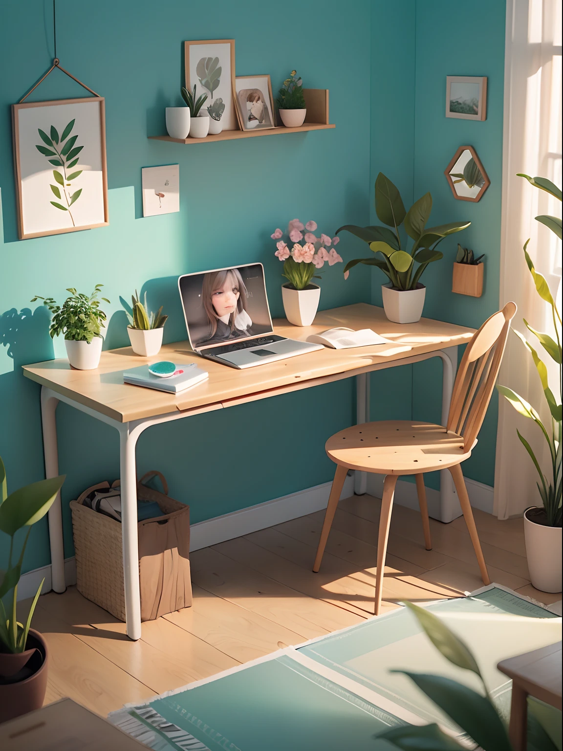 Desk illustration drawn in cartoon style. Add natural elements, As plants and flowers, And use a soft color palette to create a relaxing atmosphere.