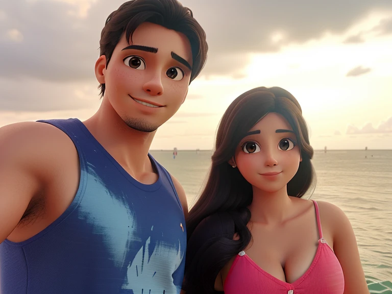 A stunning 3D render of Disney's Aladdin and Jasmine, captured in a cinematic moment of blissful happiness after their refreshingseaside adventure. Jasmine, clad in a modern, small white bikini, exudes a joyful, bohemian charm and a hint of playfulness. Aladdin, wearing a vibrant Hawaiian print swimsuit and sunglasses, showcases his charismatic and playful nature. Their connection and love are evident as Jasmine gently caresses Aladdin's cheek. Their beach setting, adorned with charming details like clam shells and a small hermit crab, creates a magical atmosphere. The vast, sun-lit ocean serves as a breathtaking backdrop, capturing the essence of their idyllic paradise., 3d render, cinematic, conceptual art, vibrant