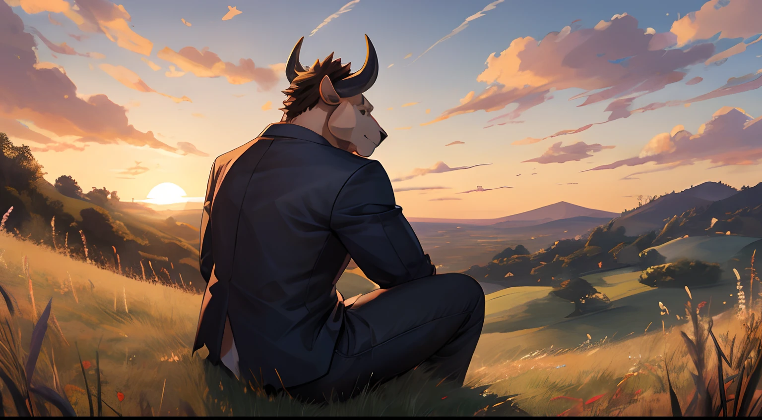 "Masterpiece, Cool Pose, Furry bulls, bull, Medium Fit Body, Casual Set, Fierce, Good looking, Smirking, Breeze wind, Comfortable, Looking To Back, Sitting In Grass, High Ground, Sunset, Hill Background"