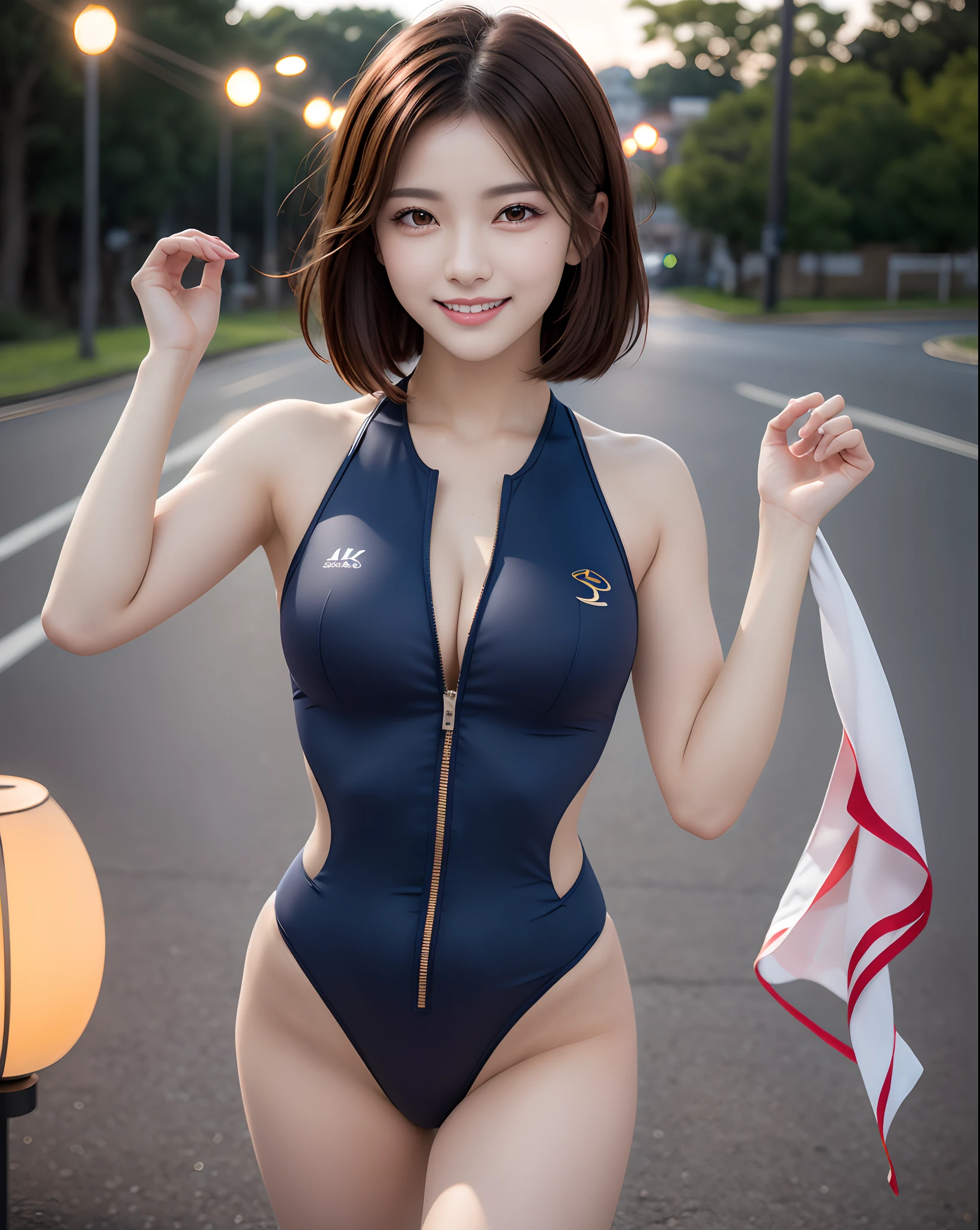 (Realistic, Photorealistic: 1.37), (masutepiece, Best Quality: 1.2), (Ultra High Resolution: 1.2), (Raw photo: 1.2), (Sharp Focus: 1.3), (Face Focus: 1.2), (Ultra detailed CG unified 8k wallpaper: 1.2), (Beautiful skin: 1.2), (pale skin: 1.3), (hyper-sharp focus: 1.5), (Ultra Sharp Focus: 1.5), ( Beautiful pretty face: 1.3), (hyper detailed background, Detail Background: 1.3), Bokeh, depth of fields, BREAK, very cute and beautiful Japan pictures of women, (1girl in:1.3, Solo), (sexymodel), professional attire, (22 years old: 1.1), Portrait of a girl with a bright smile, Upper body image, When viewed from the front, The composition is symmetrical, (Studio Lighting: 1.3), (Cinematic lights: 1.3), (Backlight: 1.3), Dim lighting, lighting that covers the whole body, (looking straight at you, Standing, Leaning forward:1.2, SEXY Model Pose), BREAK, (Brown hair:1.2, extremely short fine hair:1.2, Side undercuts:1.3), dark brown eyes, Beautiful eyes, Princess Eyes, ((Brown hair:1.3)), Single hair, Bangs, hair between eye, Long hair, curby, Abs, Perfect Abs, (huge-breasted;1.37, Big Breast:1.37, Big cleavage:1.37), (thin waist: 1.15), (Detailed beautiful girl: 1.4), (Bare shoulder, Chest squeezed together, View Viewer, (Detailed Triathlon Skinsuit:1.3), Solo, Parted lips, Red lips, (Shiny skin), Sweat, (Detailed country road background:1.2), (Dishonest laughter, light seductive smile:1.25), ((Perfect female body)), (Upper body image:1.3), Frame the head, Perfect Anatomy, Perfect proportions, 8 life-size, Face Focus, hyper realistic photography, Hyper Sharp Image, Hyper Detail Image,