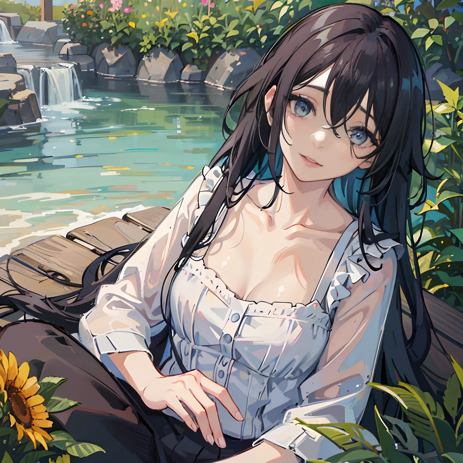 ((masterpiece, best quality)), ((Izumi miyamura)), Anime version, long black hairstyle, messy front hair, laying down in garden, wearing slightly yellow sweater, double eyelashes, thin lips, shiny blue eyes, pale skin, looking towards viewer, (collarbone), slight smile, intrinsic details, highres, 4k, 8k, award-winning, ((detailed fingers)), best fingers, (good fingers)