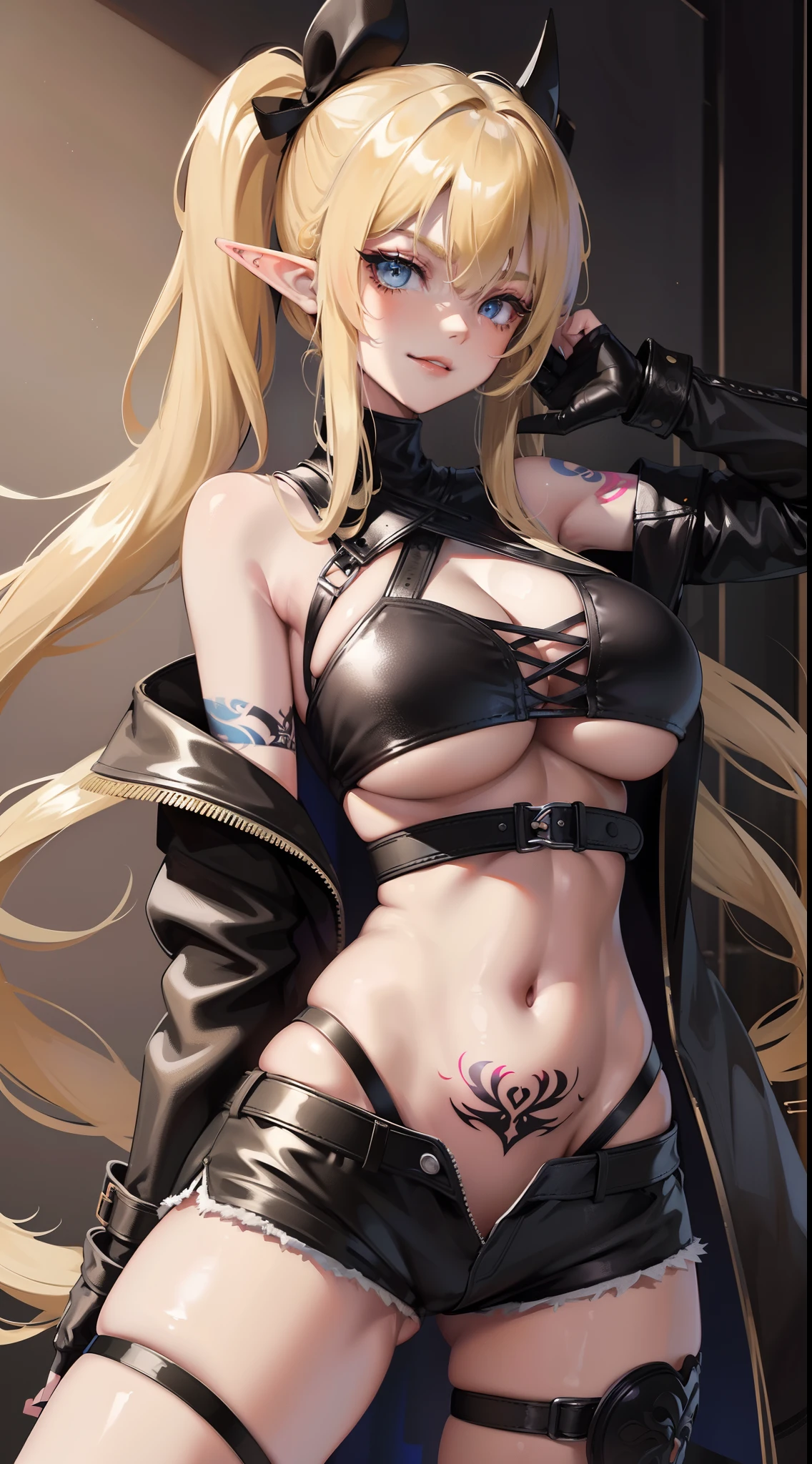 young girl, longue blonde hair, Two pigtails, blue eyes, elf ears, smirk, Black Superhero Mask, black skintight clothes, leather clothes, open belly, open breasts, Huge-breasts, Wide neckline, Sleeveless, Shorts, tattoo, lots of tattoos, Masterpiece, hiquality, 4k, HD, Good detail