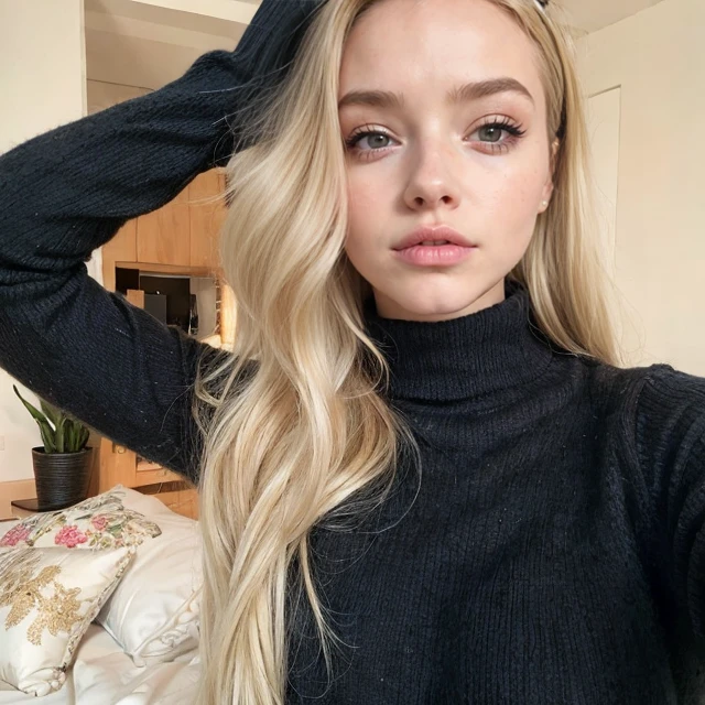 Blonde woman with long hair wearing black turtleneck sweater, Modelo de Instagram, Retrato, with pale skin, 🤤 Portrait of a child, 19 year old girl, Cara perfecta ), Angelawhite, Cara como hermosa dama, dove cameron