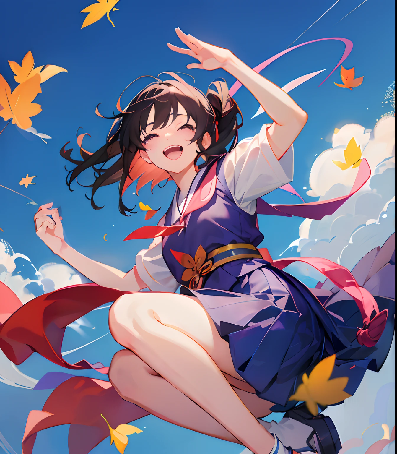 Anime girl in purple dress flying in the air with arms outstretched, anime moe art style, anime visual of a cute girl, Artgerm and Atey Ghailan, style of anime4 K, Official artwork, (Anime girl), Anime art wallpaper 8 K, High Quality Anime Art Style, up of young anime girl, wind blowing leaves, anime illustration
