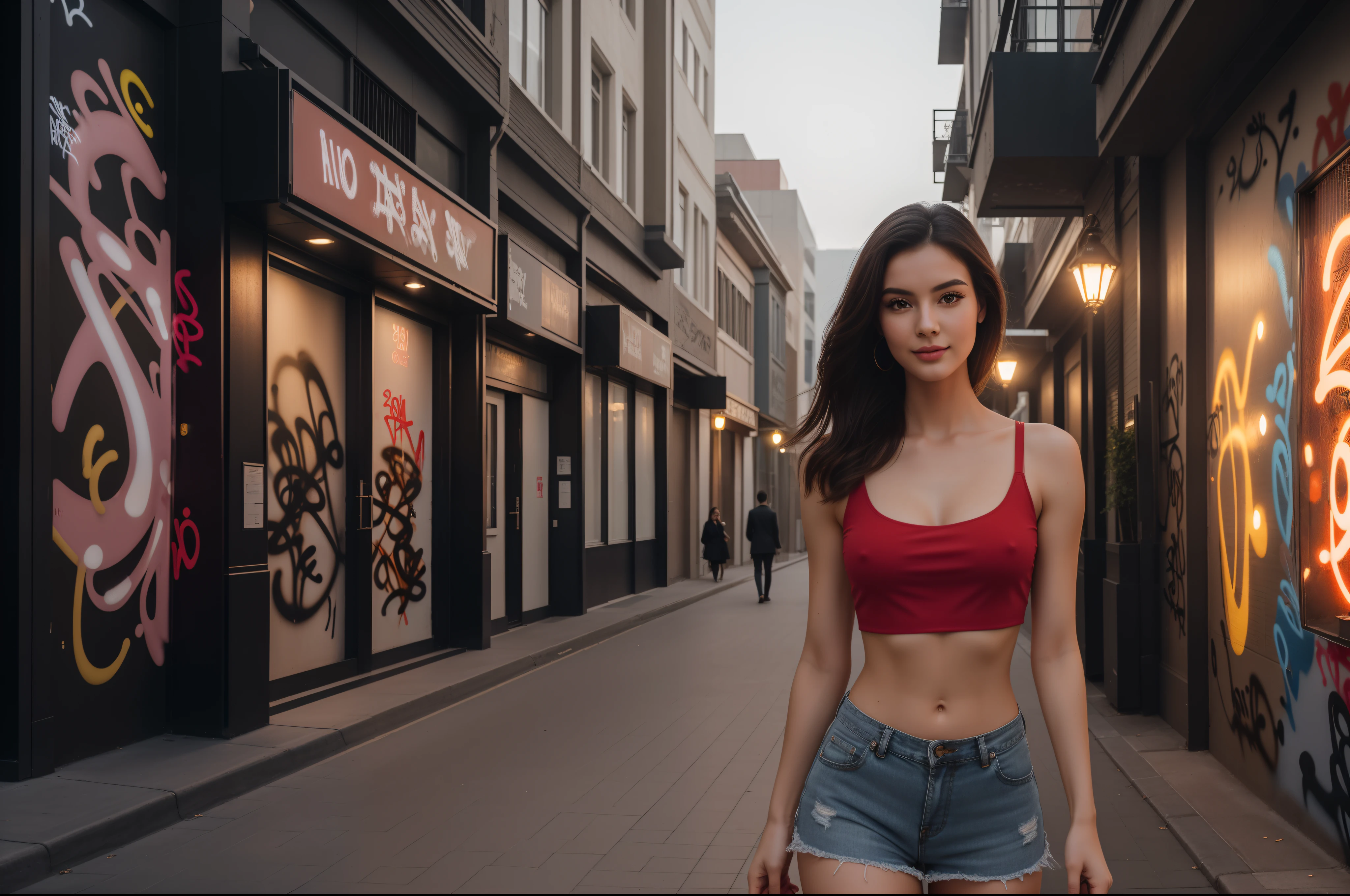 ((full-body, cinematic-shot)),(best quality,4k,8k,highres,masterpiece:1.2),ultra-detailed,(realistic,photorealistic,photo-realistic:1.37),(((1girl))),(((solo))),(((a girl alone:1.4))),(18years old),[the face is combination of (((irene1:1.2))) and (((Excella_er5:1.2)))],(sharp focus:1.5),beautiful detailed eyes,beautiful detailed lips,extremely detailed eyes and face,long eyelashes,gorgeous girl,feminine charm,pearl skin,(skin pores:1.1),extremely detailed face and skin texture,(skin texture:1.1),black hair,soft and smooth hair,tall and slender body,(192cm tall),thin and delicate figure,graceful posture,strong and defined muscles,flawless skin,defined abs,perfect curves,feminine appearance,beautiful long legs,embodying elegance and beauty,happy expression,full-smile,cleavage breasts,((wearing a ((red)) crop-top:1.3)),(no panty),(ultra-short miniskirt),(ripped jeans miniskirt),vibrant colors,extremely detailed and realistic ((red)) clothes,(colorful),(film grain:1.3),night in the city,shimmering lights,city skyline silhouette,dramatic shadows,atmospheric fog,reflective surfaces,mysterious alleyway,beautifully lit windows,neon signs,portrait photography,soulful expressions,colorful bokeh,city noise,romantic ambience,texture of skin,sheen of hair,detailed facial features,fashionable clothing,faint moonlight,subtle makeup,bare skin,natural beauty,impeccable grooming,modern cityscape,urban landscape,(graffiti art:1.4),warm color palette,dynamic composition,nighttime serenity,metropolitan hustle and bustle,emotional connections,depth of character,soft shadows,nighttime tranquility,VIP access,exclusive location,stylish architecture,haunting beauty,emerging stars,street fashion,high-end luxury,nighttime rendezvous,brand endorsements,award-winning photography,vogue-worthy images