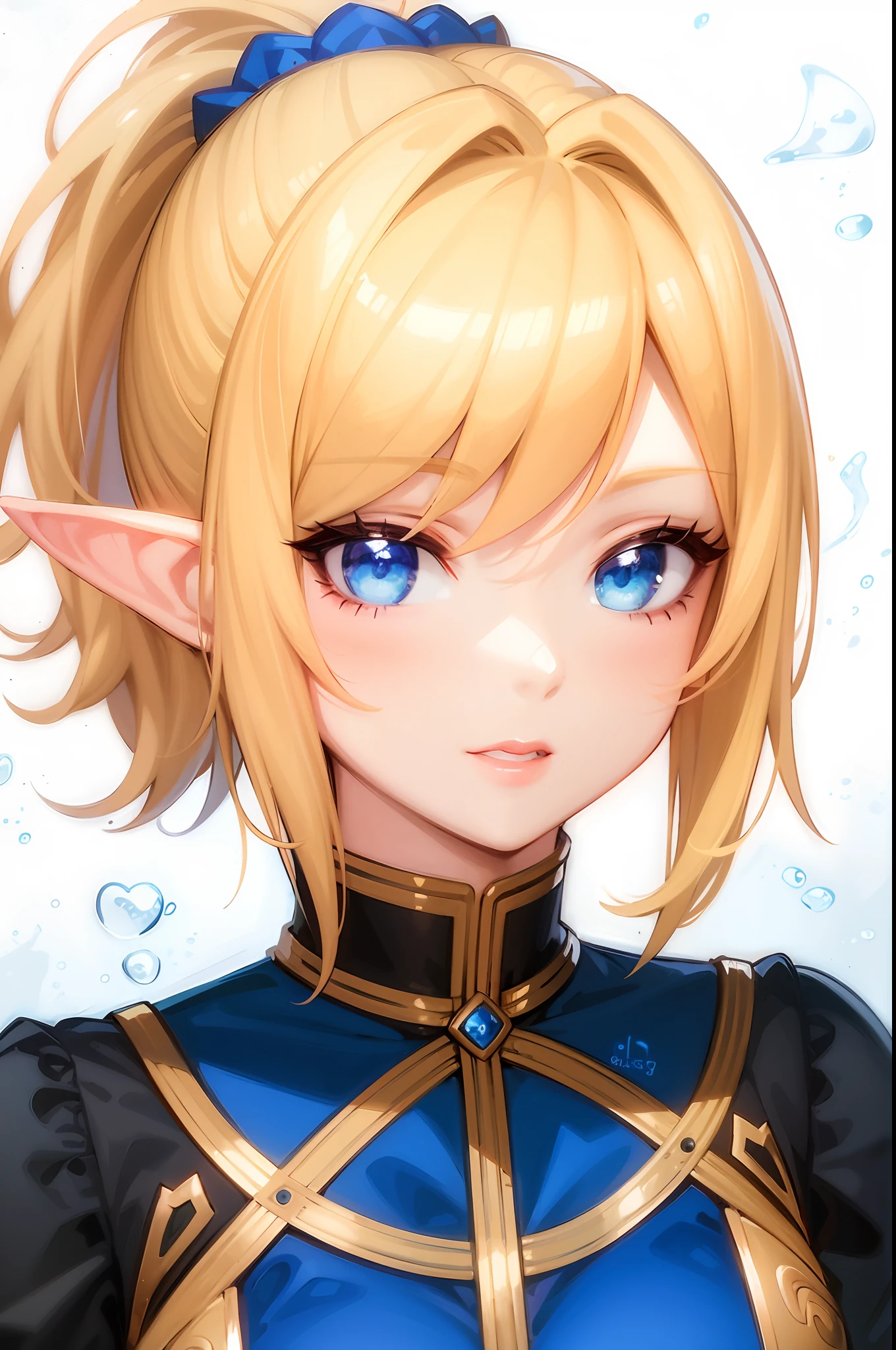 anime girl with blonde hair and blue eyes in a blue outfit, elf girl, blue elf, lalafell, crisp clear rpg portrait, portrait knights of zodiac girl, a portrait of an elf, detailed digital anime art, anime style portrait, beautiful anime portrait, cute anime girl portraits, portrait of an elf, cute anime girl portrait, detailed portrait of anime girl
