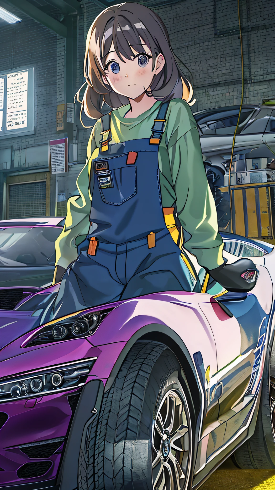 20-year-old woman working in a car repair shop、Looks fun、Coveralls、sports car on the background、Backlight illumination