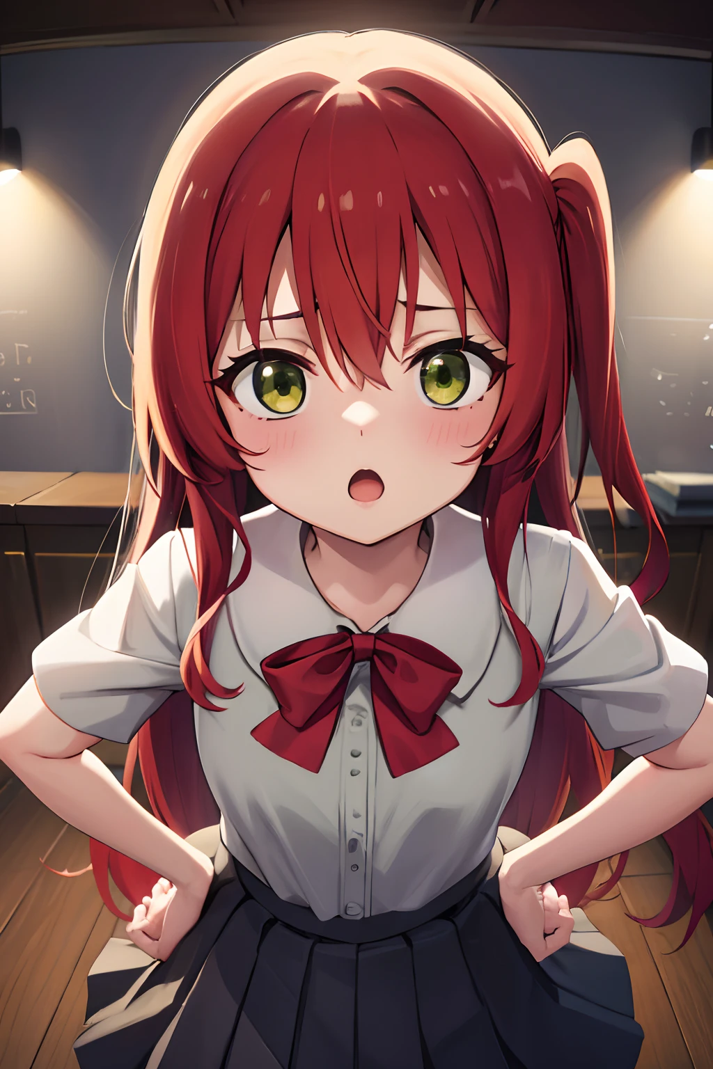 kitaikuyo, ikuyo kita, (green eyes:1.5), hair between eyes, long hair, one side up, red hair, (flat chest:1.2),
BREAK black footwear, black skirt, grey sailor collar, pleated skirt, sailor collar, school uniform, shoes, short sleeves, shuka high school uniform, skirt,,
BREAK looking at viewer,
BREAK indoors, classroom,
BREAK (masterpiece:1.2), best quality, high resolution, unity 8k wallpaper, (illustration:0.8), (beautiful detailed eyes:1.6), extremely detailed face, perfect lighting, extremely detailed CG, (perfect hands, perfect anatomy),up chest.big breasts.Sad face.open mouth.put hands on the hip.look from above.