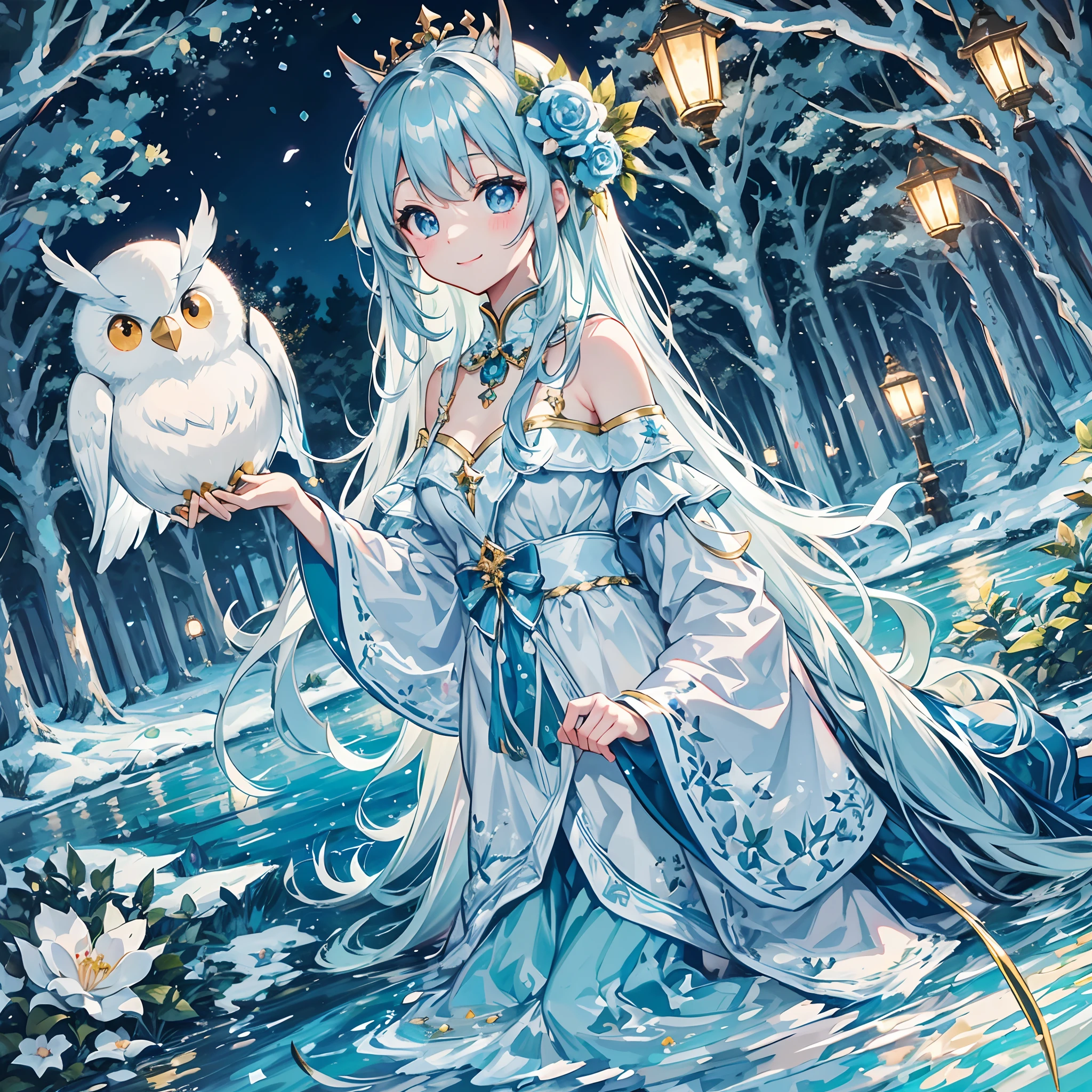 In a fantastic forest、Kawaii Girl、Light blue long hair、Twin-tailed、adorable smiling、Starry sky、Dazzling moonlight、in woods、A blizzard of fluttering flowers(Some photos)、The water of the lake soars towards the heavens、Cute costumes like fairies、A snow-white owl is watching over the girl、