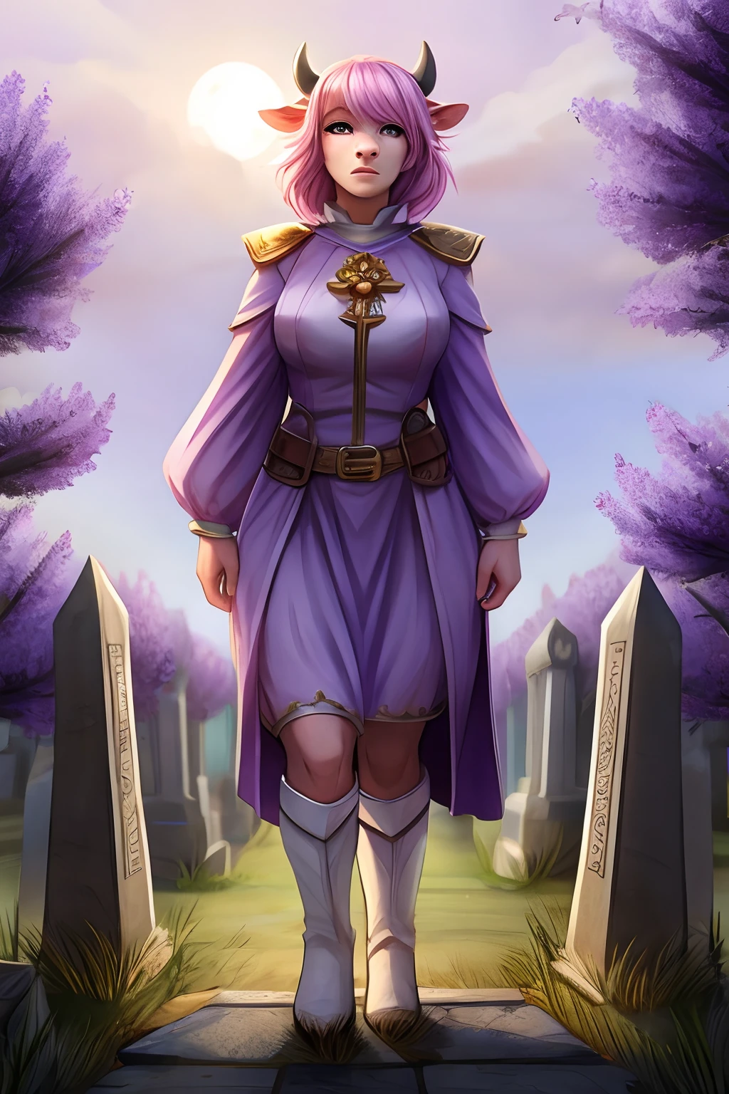 cow lady cleric with lavender fur and pink hair no horns standing at a grave