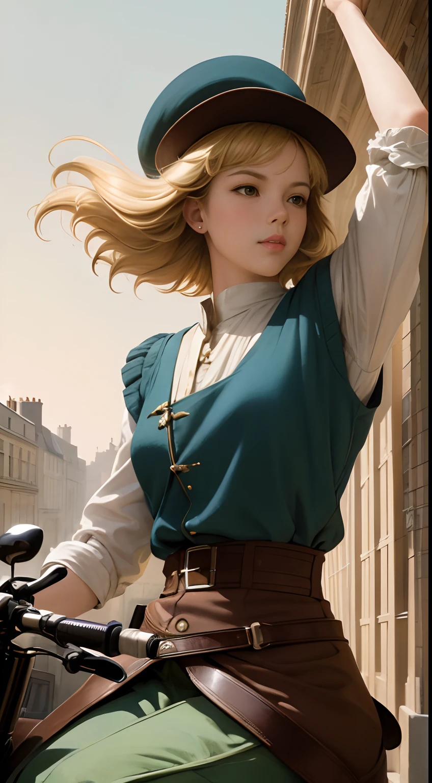 Jessie Willcox Smith, shusei nagaoka, Surreal, mysterious, bizarre, fantastical, fantasy, Sci-fi, Japanese anime, fairy tale paintings, the Bremen Musicians, a beautiful blonde miniskirt princess riding a motorcycle, perfect voluminous body, the charm of a comprehensive art created by the combination of illustration, typesetting, reproduction technology, and art direction, 19 century paris street scenery, hyper detailed masterpiece high resolution definition quality