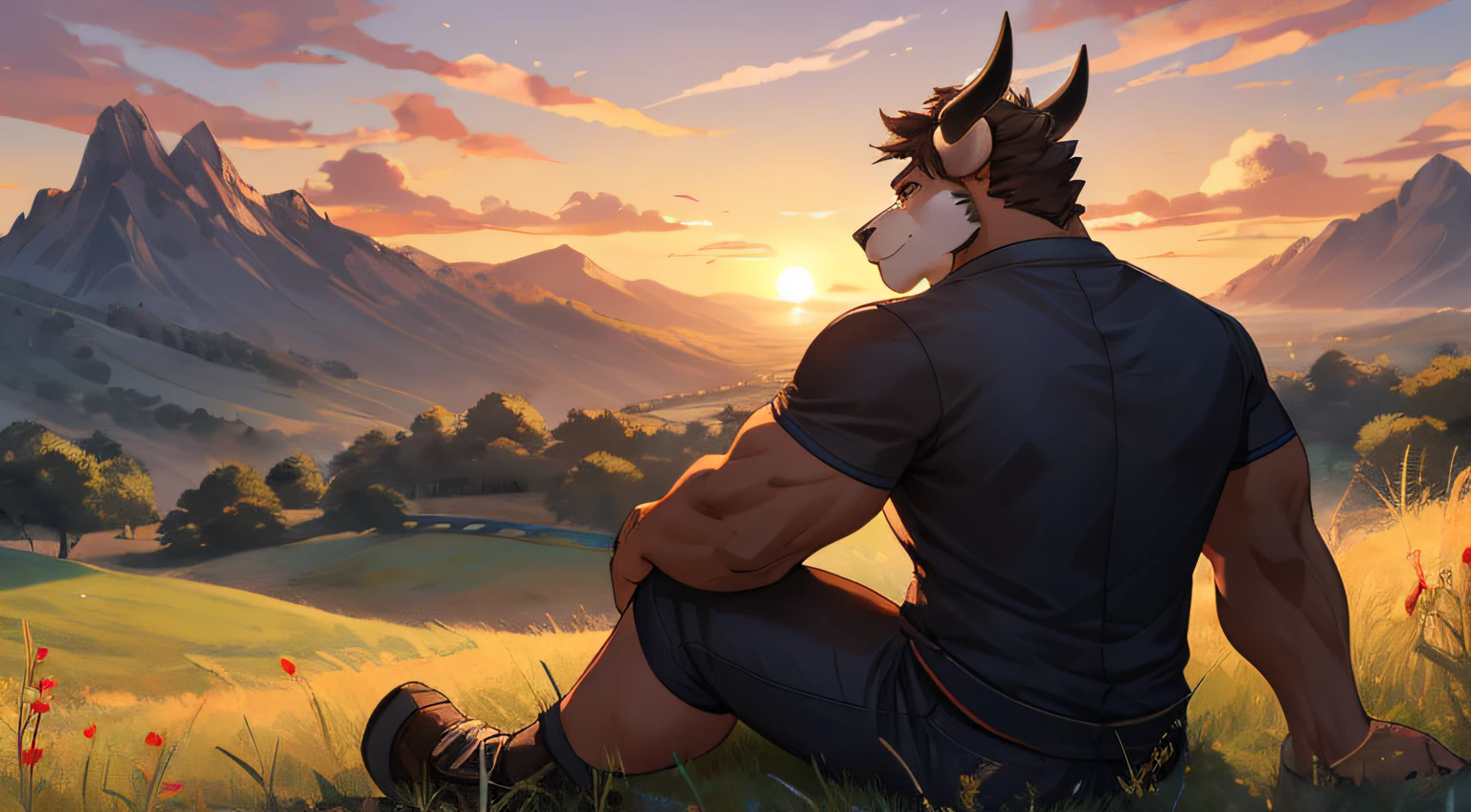 Masterpiece, Cool Pose, Furry Brown Buffalo, Medium Muscular Body, Brown Eyes, Medium Hair, Casual Set, Fierce, Good looking, Smirking, Breeze wind, Comfortable, Sitting In Grass, Near Tree Sunset, Field Background