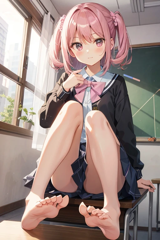tmasterpiece, Best quality at best, finely detailled, 1girll, pink_Rose hair, pleatedskirt, (校服),,, Classroom,Barefoot,The soles of the feet face forward