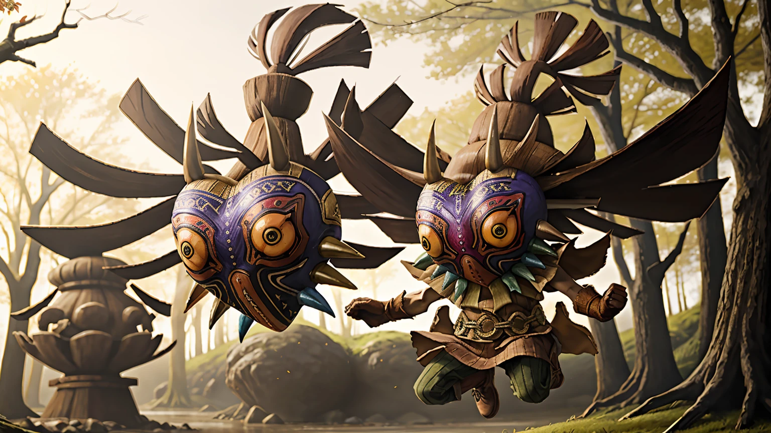 Inspired by "Tears of the Kingdom," the Skull Kid, shrouded in a captivating blend of playfulness and mystery, delves deeper into the lush Kokiri Forest, as the sunlight casts intriguing shadows and vibrant hues, revealing hidden secrets and fantastical creatures within its sacred confines. BREAK, 1girl, Skull kid, mask, solo, (realistic:0.5), masterpiece, solo, (best quality, perfect detailed, beautifully detailed face, detailed eyes), glistening shiny, ray tracing, DOF, HDR, shiny hair, (soft particles floating:1.1), (full body:1.1), ((8k wallpaper)), ((highres)), (day:1.3), sky, outdoors, outstretched arms, feminine focus, gloves, cyberpunk, (Kokiri Forest City:1.2)