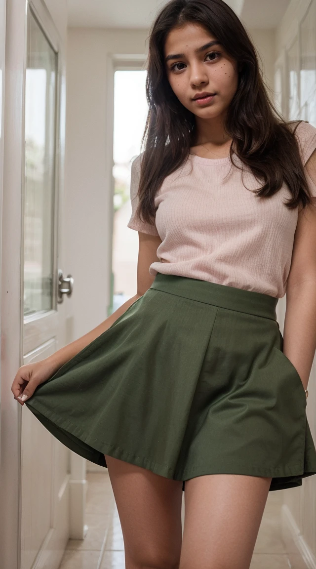 (High resolution) Indian face with pink lips adorable face and a mole on upper lips. Innocent skinny 13 yl. Wearing a green skirt and top
