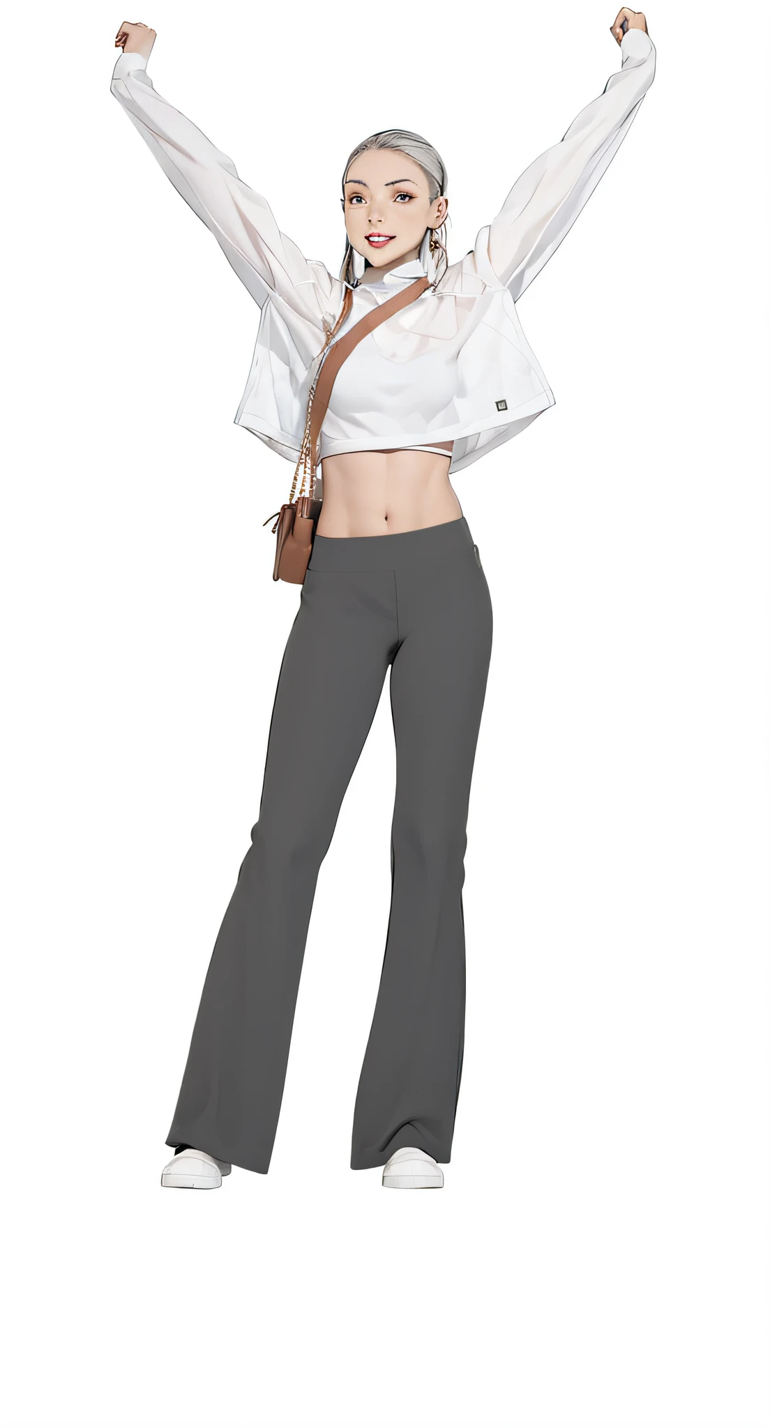 Woman in gray sports bell-bottoms，Arms up，A sports bag is tied around the waist, Cropped wide-sleeved skin garment, exposed midriff, wearing a cropped top, wearing a cropped top, big breasts thin waist, skinny waist and thick hips, inverted triangle body type, Slim waist, half body crop, Thin waist, bag over the waist, wearing sexy cropped top, bare stomach，Sports Girl