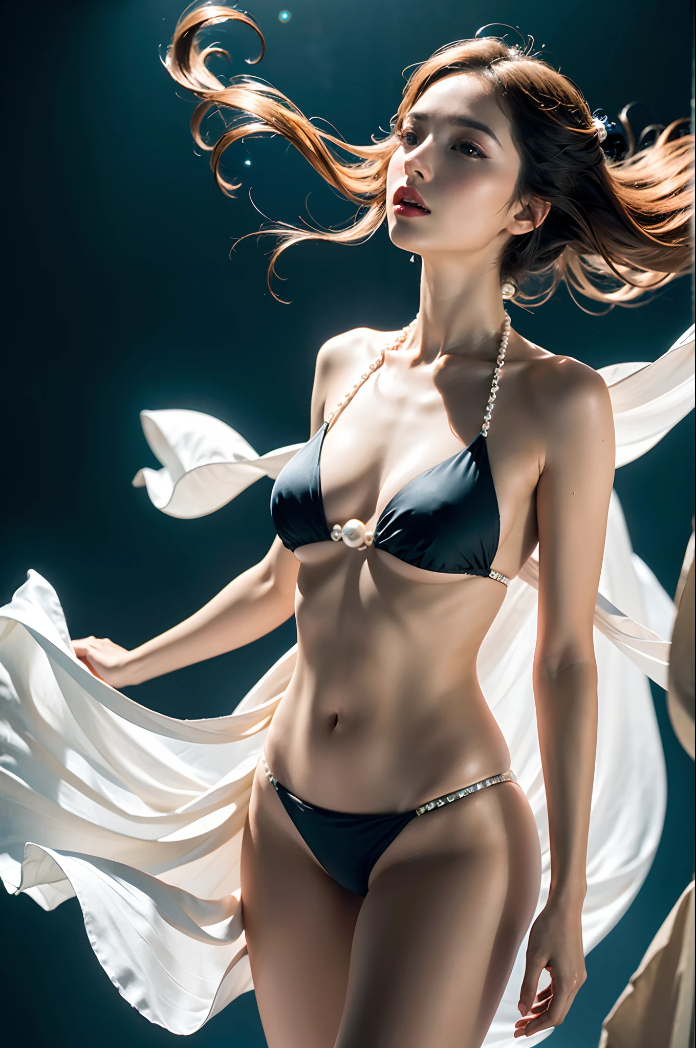 exquisite aesthetic, style of Rebecca Guay, style of Alberto Seveso, style of Alessio Albi, (surrealism:1.3), extremely glamourous, elegant, fabulous fashion photography, super model pose, flew up long hair, artistic, beyond imagination, dynamics, complexity, anatomical correct, feminine hands, theme of pastel, (chiffon fabric artistically blowing up surrounded in air:1.3) weightless, (shiny pearl white simply design bikini:1.2), cinematic accent lighting, dramatically facial expression, flossy skin, intricate detailly skin, draped cloth, sculpture clothes, layers and textures, soothed tone,
photo-realistic, best quality, extremely detailed, hyper detailed, extremely high resolution, extremely high res, high resolution, highres, facing to viewer,
RAW Photo, canon, 50mm lens, F1.2, sharp focus,, nude, nipple